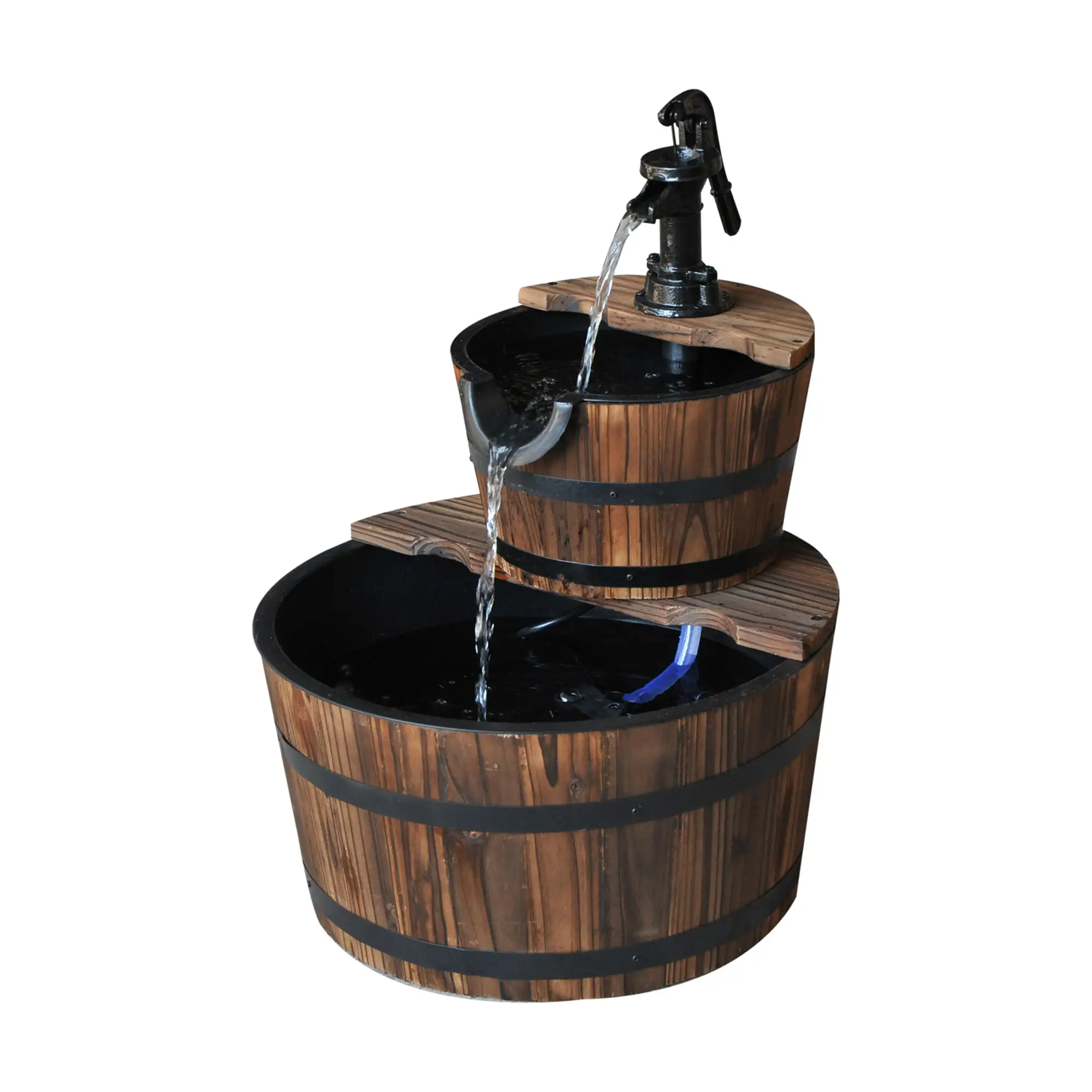 2-Tier Wooden Barrel Water Fountain, Electric Pump, Outdoor Indoor Decor