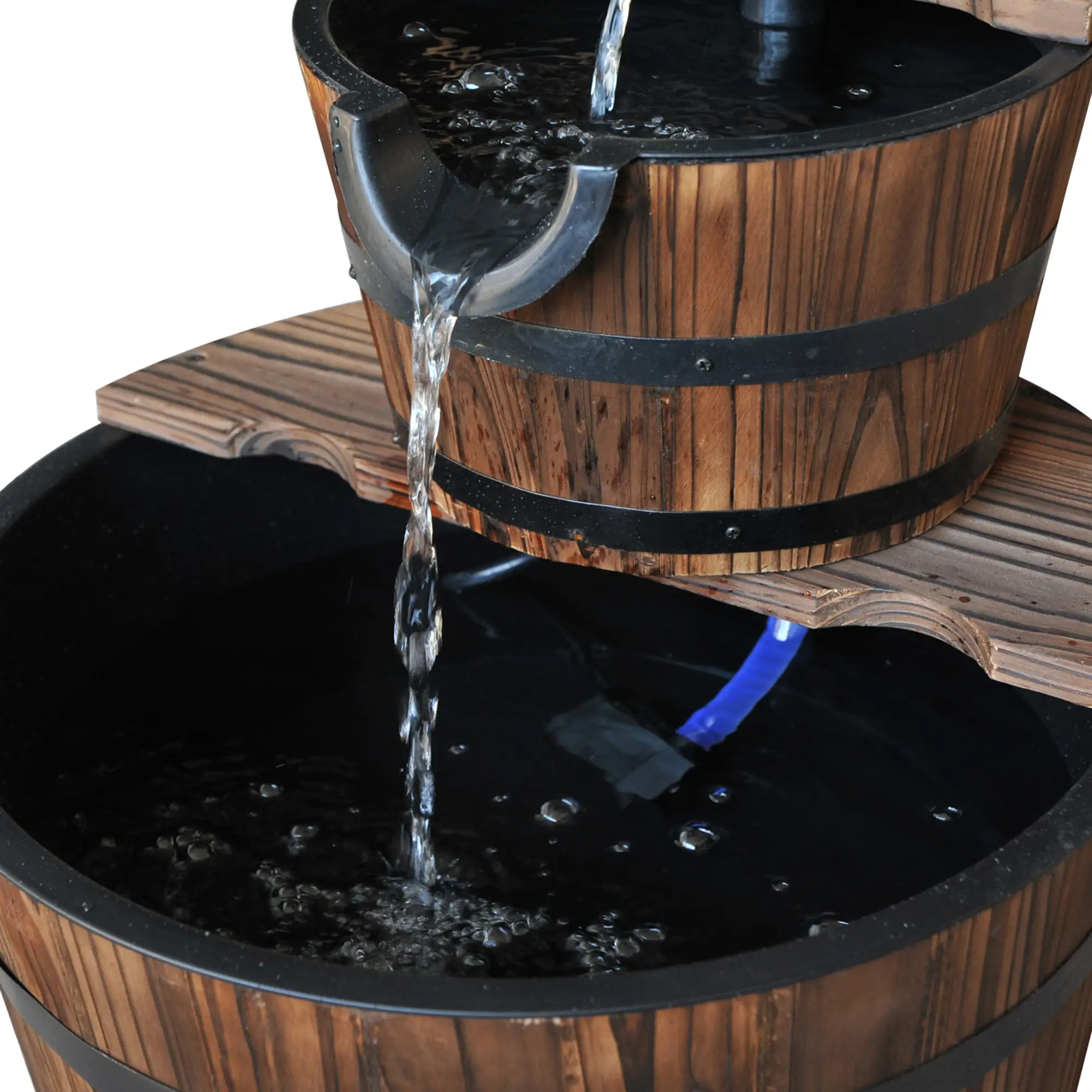 2-Tier Wooden Barrel Water Fountain, Electric Pump, Outdoor Indoor Decor - Image 11