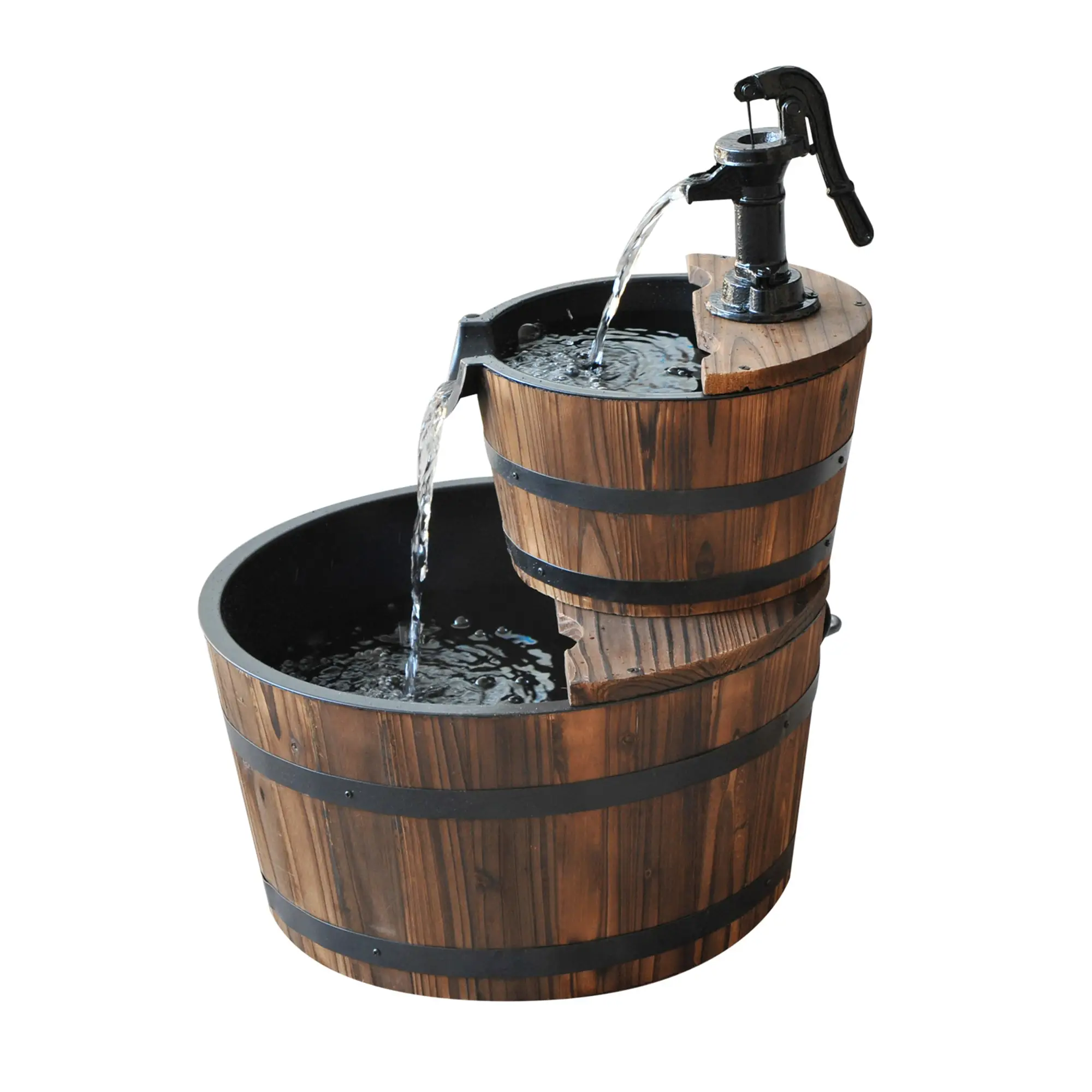 2-Tier Wooden Barrel Water Fountain, Electric Pump, Outdoor Indoor Decor - Image 13