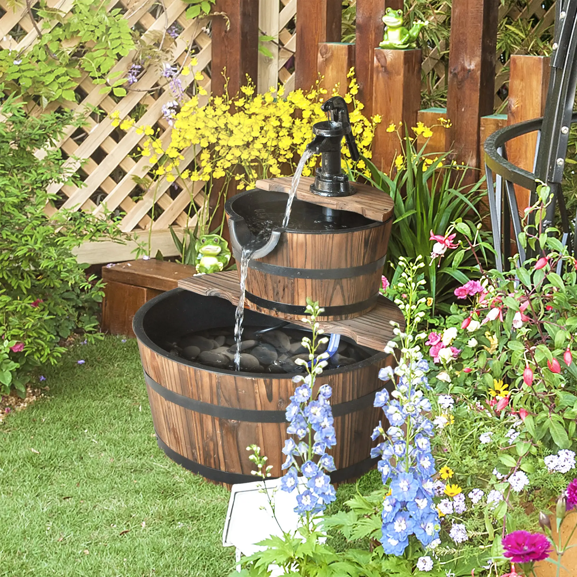 2-Tier Wooden Barrel Water Fountain, Electric Pump, Outdoor Indoor Decor - Image 2