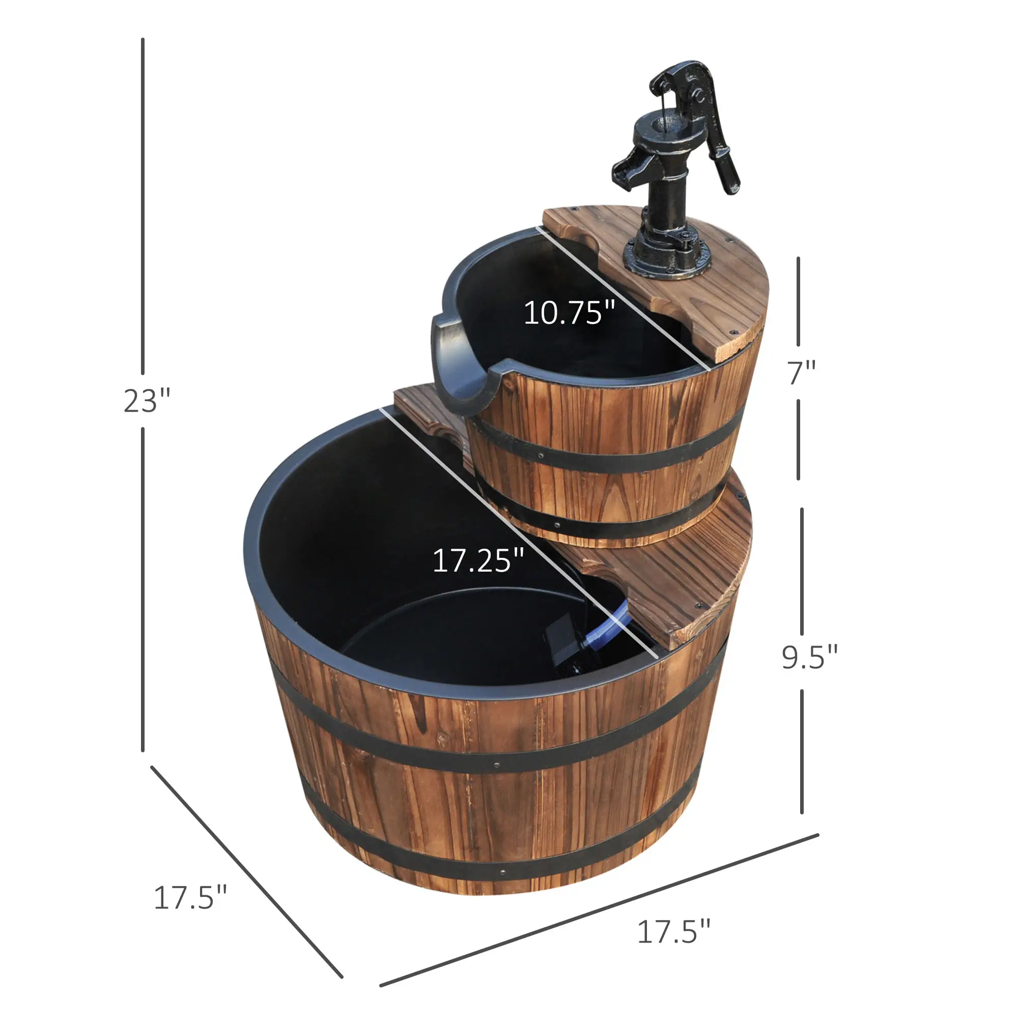 2-Tier Wooden Barrel Water Fountain, Electric Pump, Outdoor Indoor Decor - Image 3