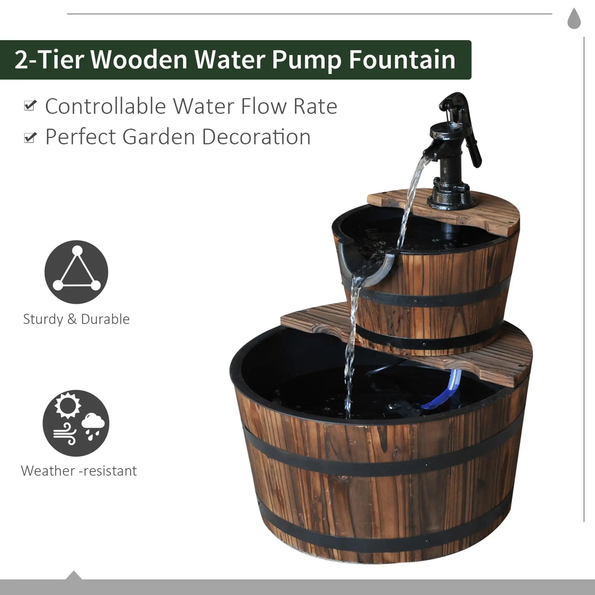 2-Tier Wooden Barrel Water Fountain, Electric Pump, Outdoor Indoor Decor - Image 5
