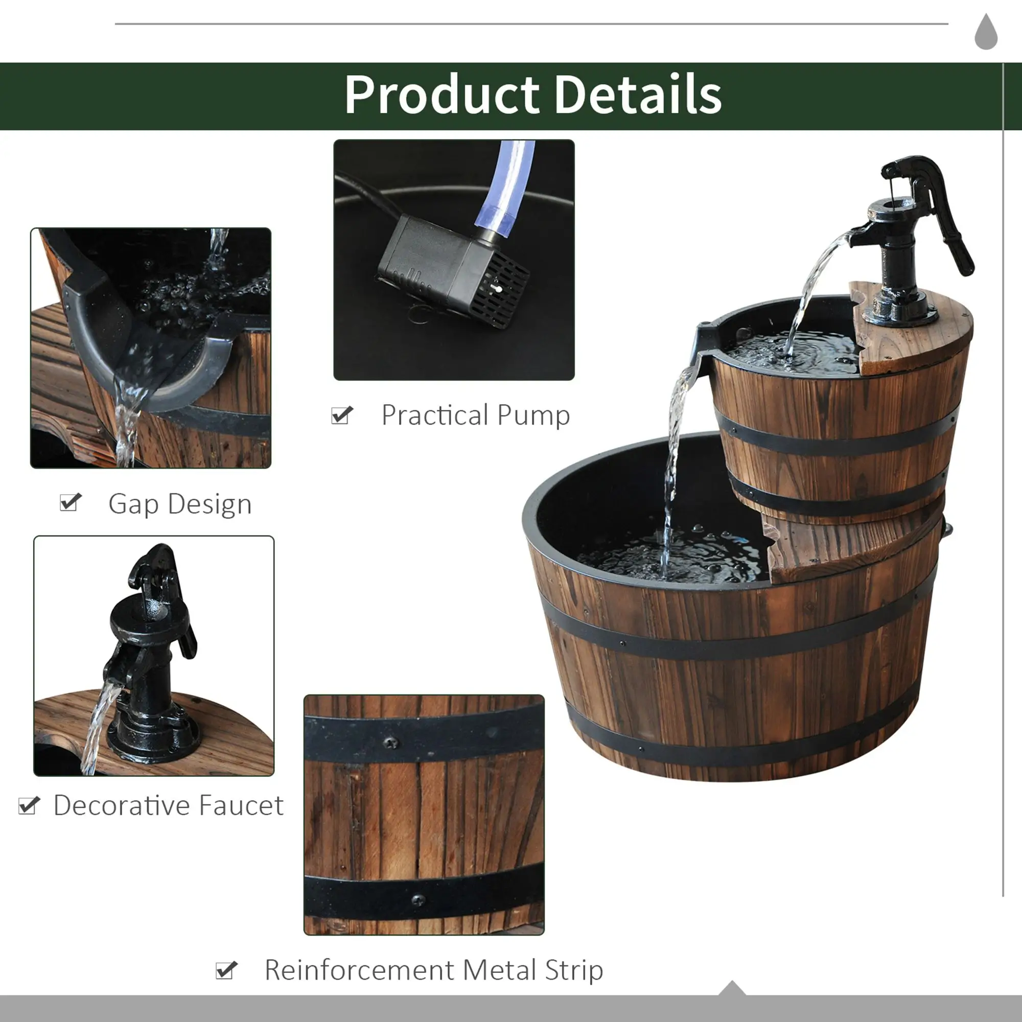 2-Tier Wooden Barrel Water Fountain, Electric Pump, Outdoor Indoor Decor - Image 6