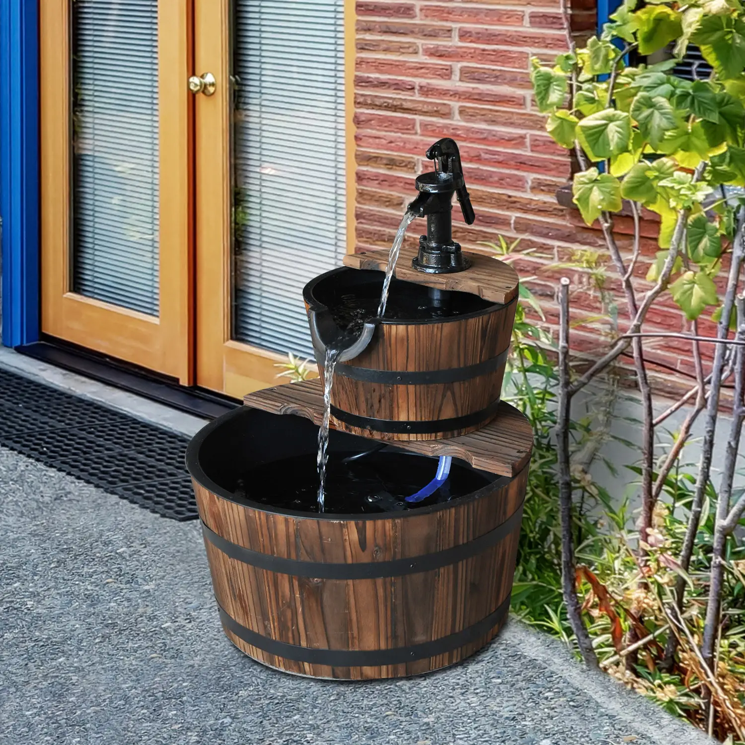 2-Tier Wooden Barrel Water Fountain, Electric Pump, Outdoor Indoor Decor - Image 8