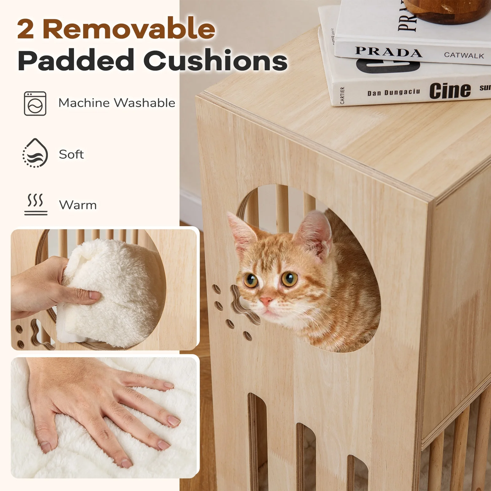 2-Tier Wooden Cat Condo, Indoor Cat House, Removable Cushions, Natural - Image 10