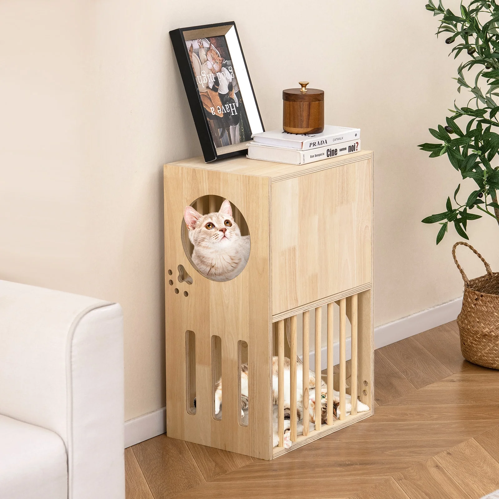 2-Tier Wooden Cat Condo, Indoor Cat House, Removable Cushions, Natural - Image 2