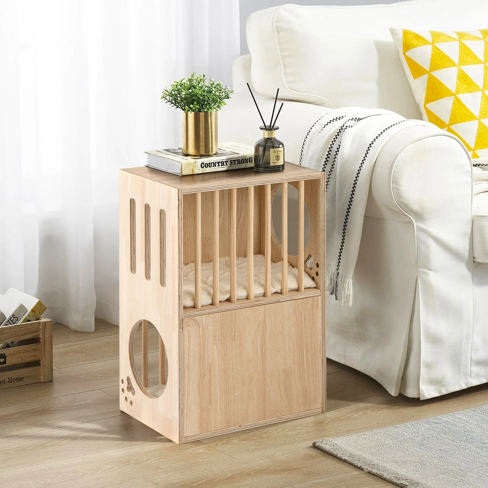 2-Tier Wooden Cat Condo, Indoor Cat House, Removable Cushions, Natural - Image 3
