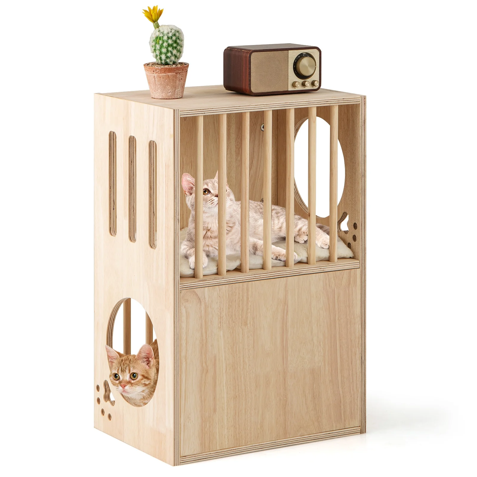 2-Tier Wooden Cat Condo, Indoor Cat House, Removable Cushions, Natural - Image 4