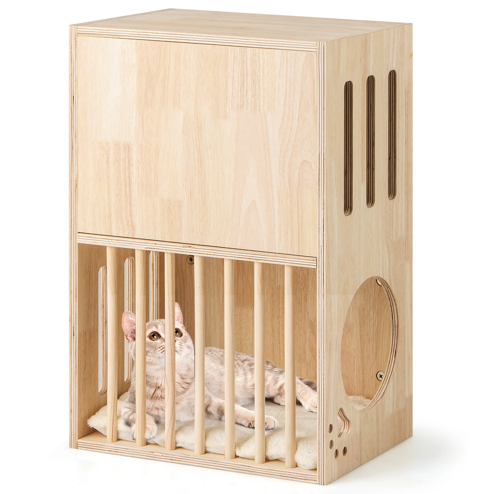 2-Tier Wooden Cat Condo, Indoor Cat House, Removable Cushions, Natural - Image 5