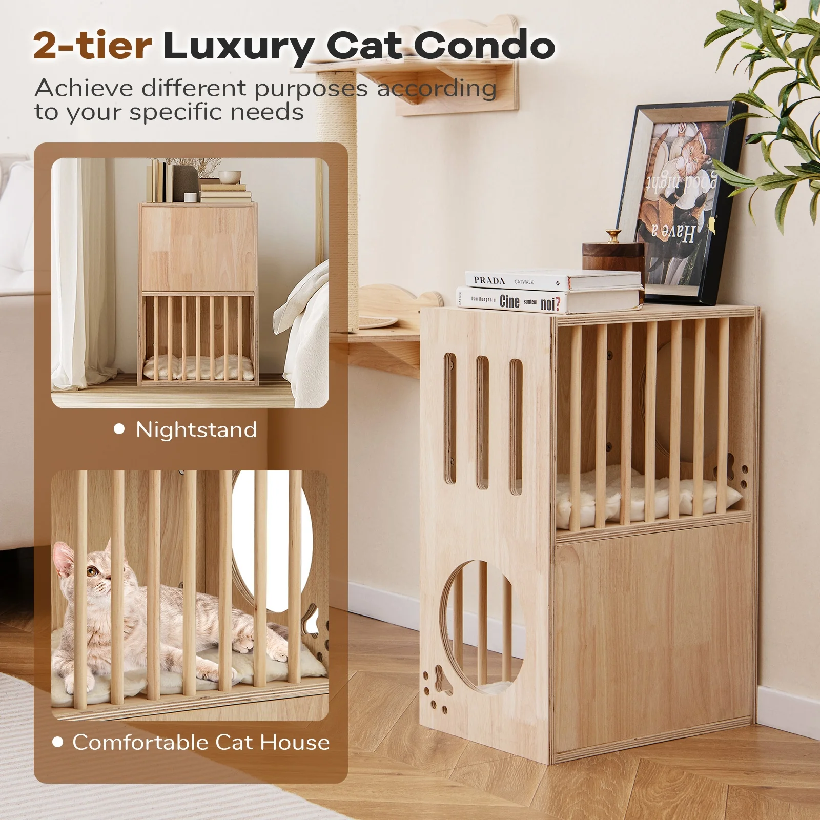 2-Tier Wooden Cat Condo, Indoor Cat House, Removable Cushions, Natural - Image 8