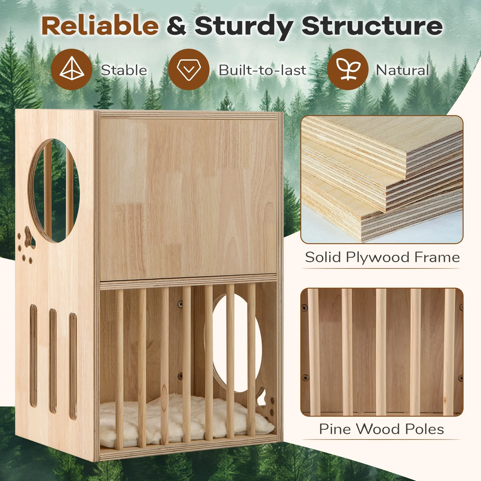 2-Tier Wooden Cat Condo, Indoor Cat House, Removable Cushions, Natural - Image 9