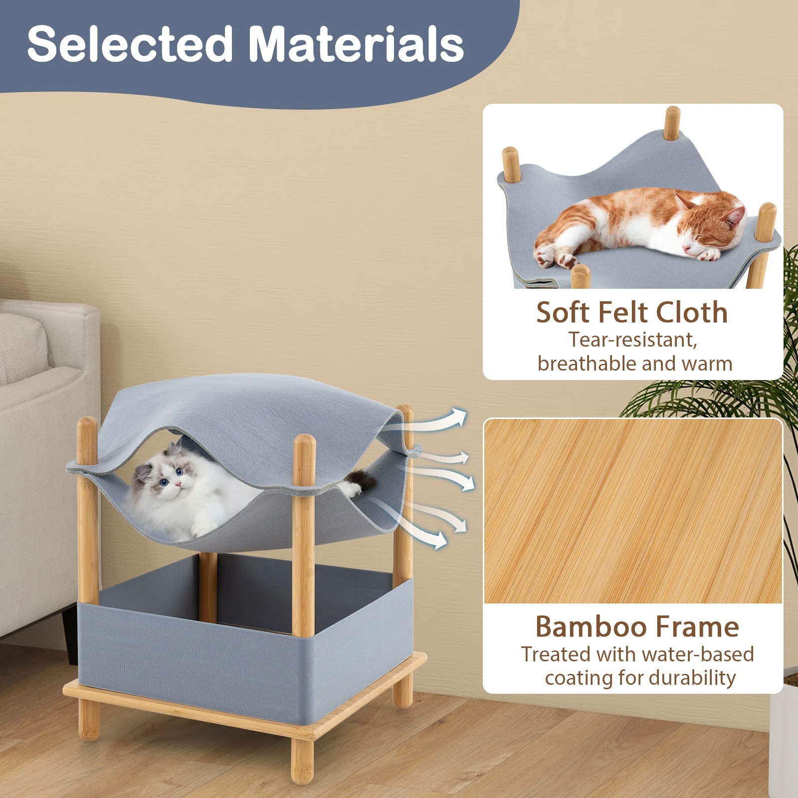 2-Tier Wooden Cat House, Semi-Enclosed Condo, Removable Clothes, Gray - Image 10