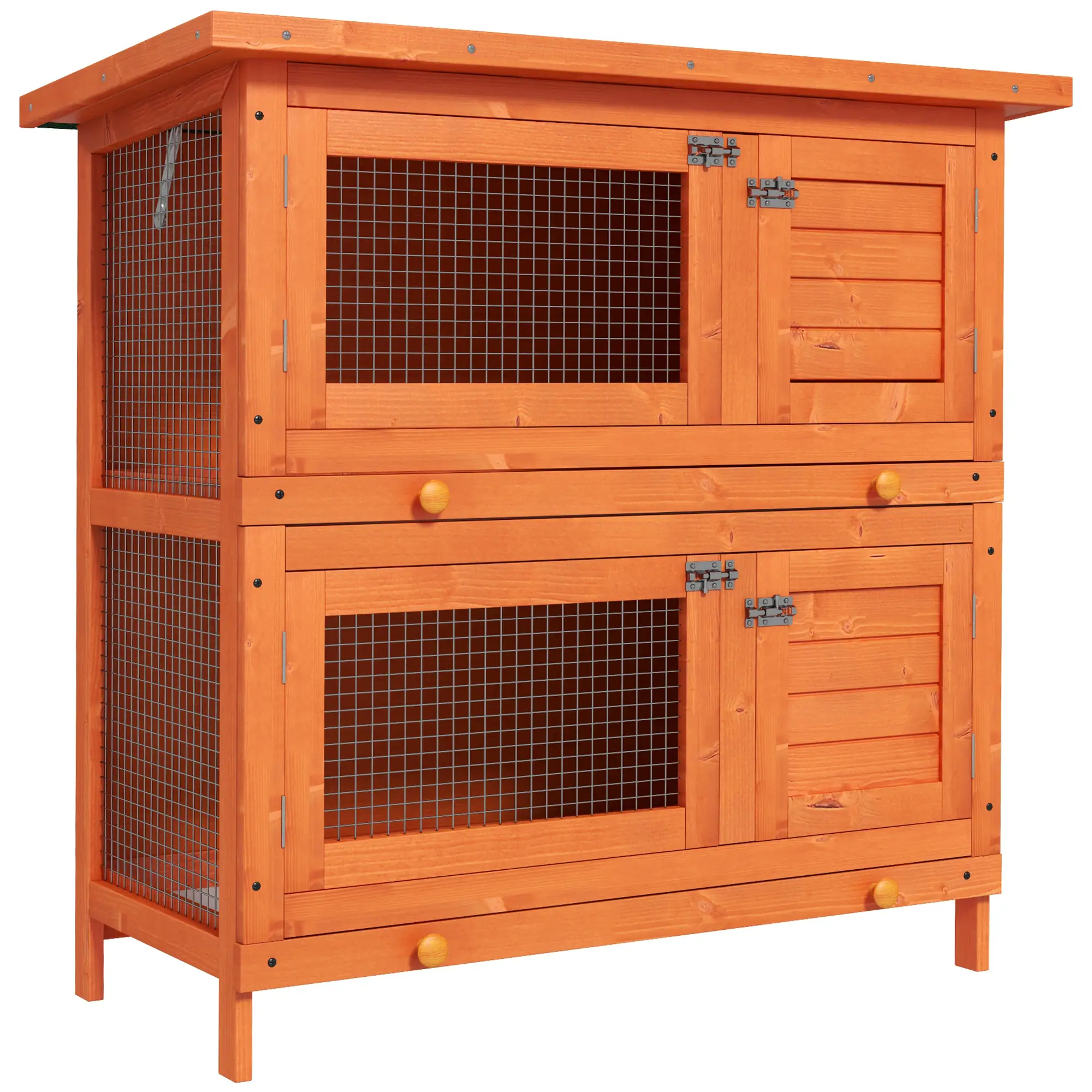 2-Tier Wooden Rabbit Hutch, Small Animal House, Bunny Pet Cage, 2 Rooms, Sliding Tray, Opening Top, Yellow