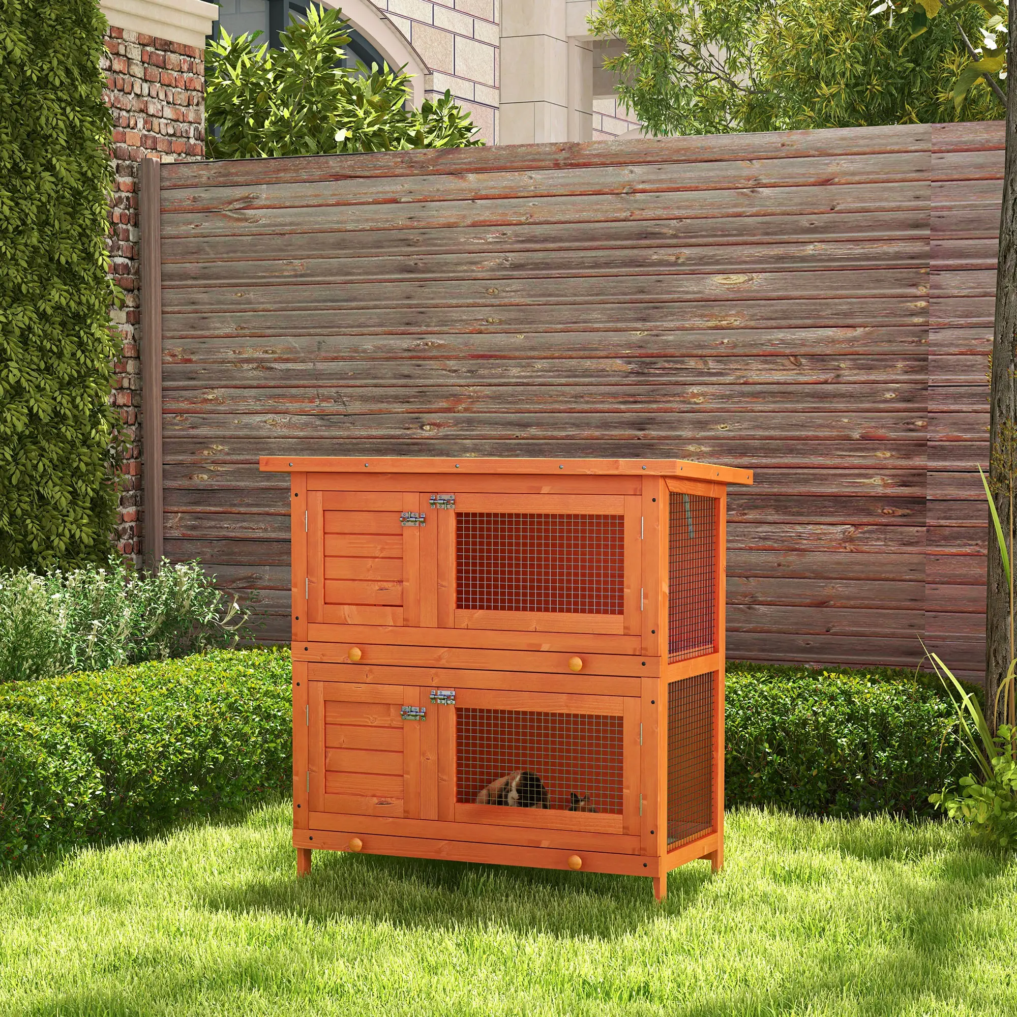 2-Tier Wooden Rabbit Hutch, Small Animal House, Bunny Pet Cage, 2 Rooms, Sliding Tray, Opening Top, Yellow - Image 2