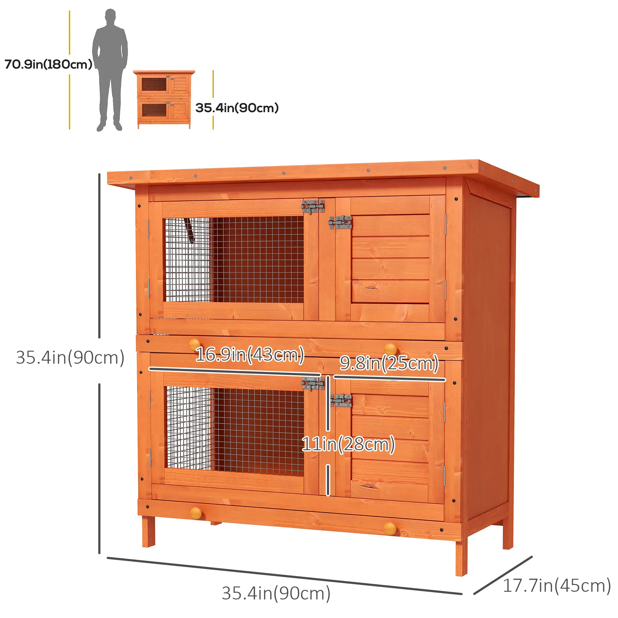 2-Tier Wooden Rabbit Hutch, Small Animal House, Bunny Pet Cage, 2 Rooms, Sliding Tray, Opening Top, Yellow - Image 3