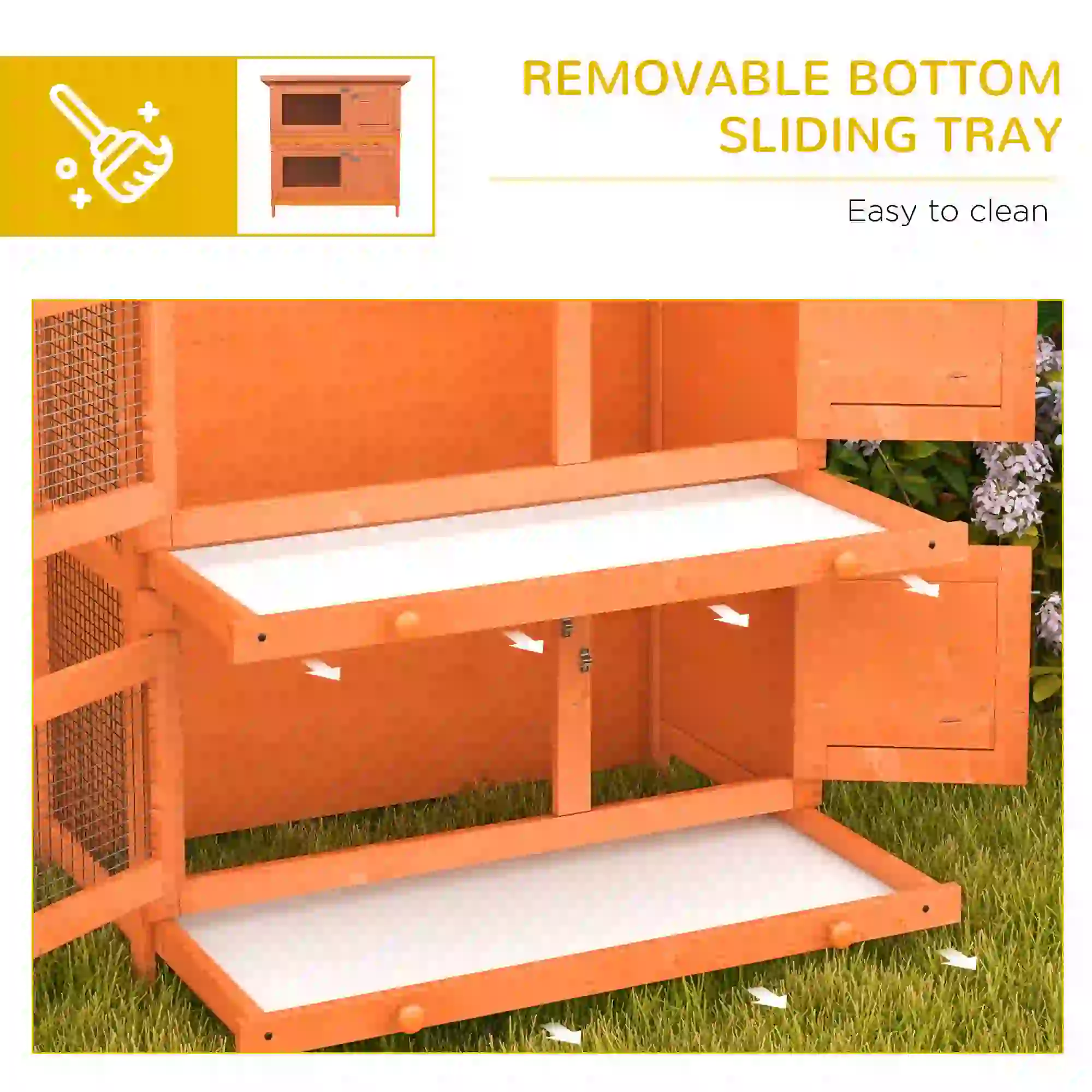2-Tier Wooden Rabbit Hutch, Small Animal House, Bunny Pet Cage, 2 Rooms, Sliding Tray, Opening Top, Yellow - Image 4