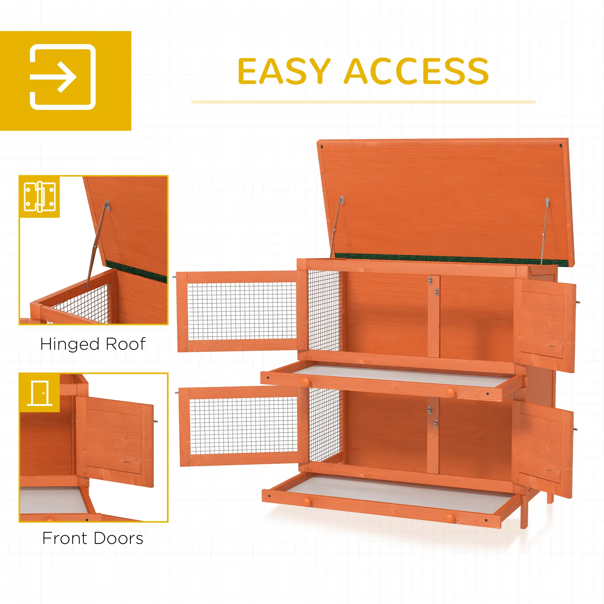 2-Tier Wooden Rabbit Hutch, Small Animal House, Bunny Pet Cage, 2 Rooms, Sliding Tray, Opening Top, Yellow - Image 5
