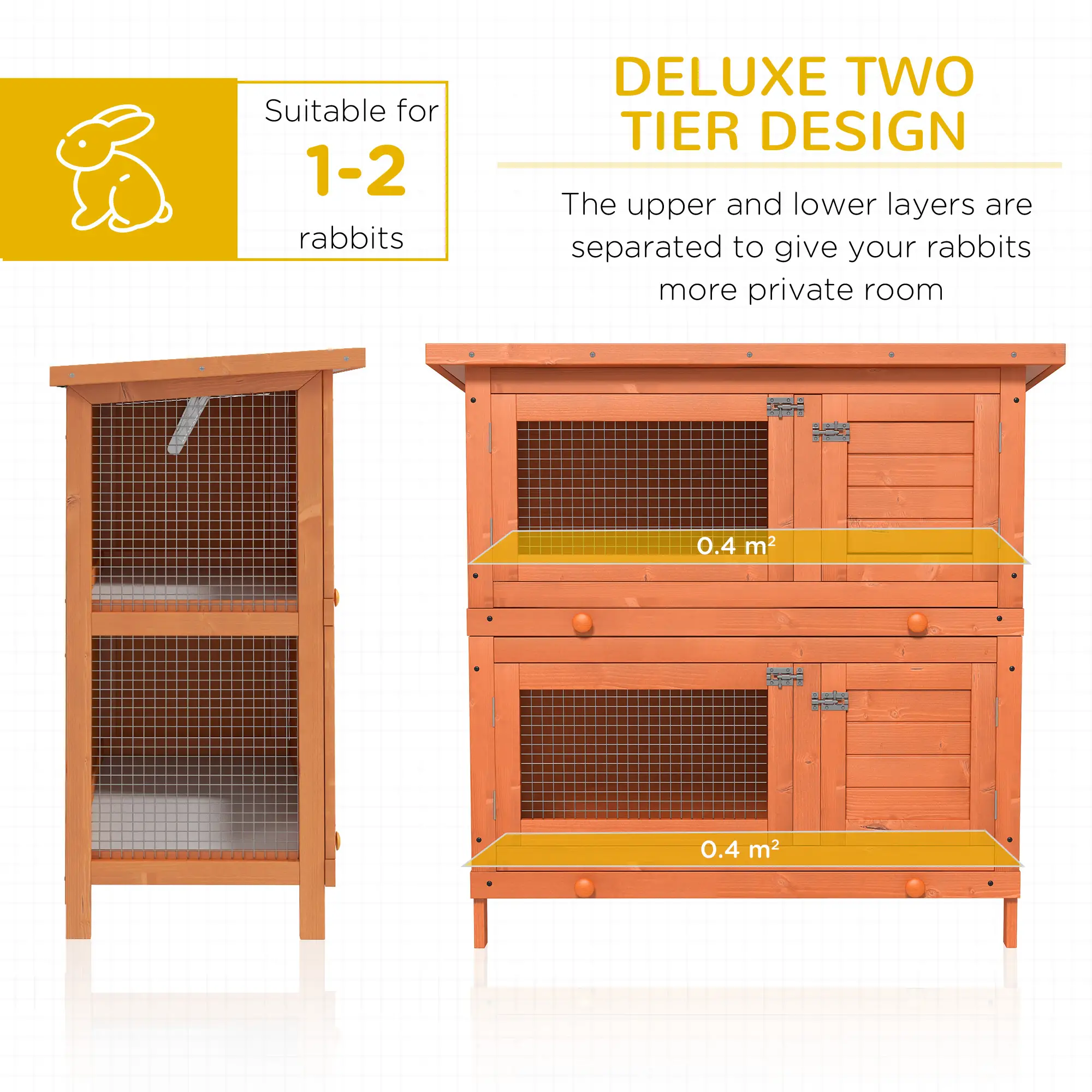 2-Tier Wooden Rabbit Hutch, Small Animal House, Bunny Pet Cage, 2 Rooms, Sliding Tray, Opening Top, Yellow - Image 6