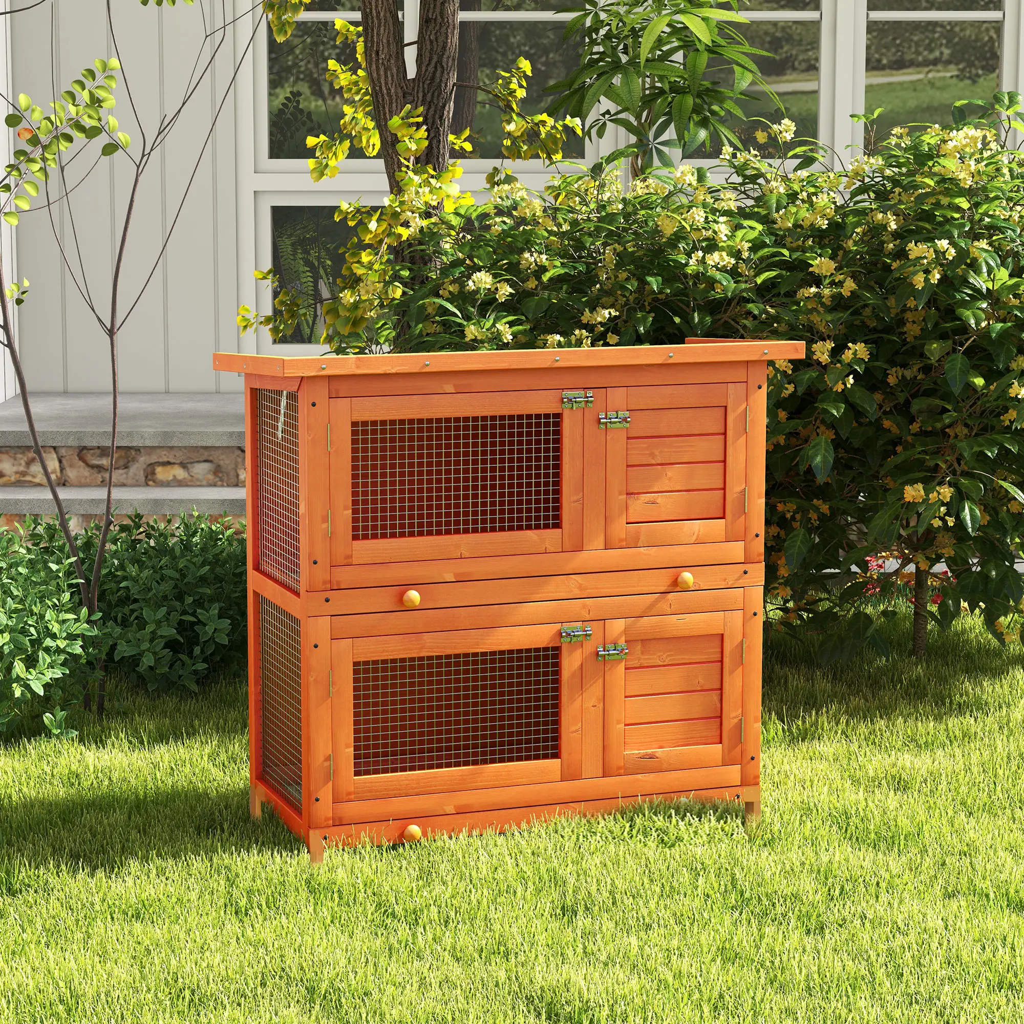 2-Tier Wooden Rabbit Hutch, Small Animal House, Bunny Pet Cage, 2 Rooms, Sliding Tray, Opening Top, Yellow - Image 8