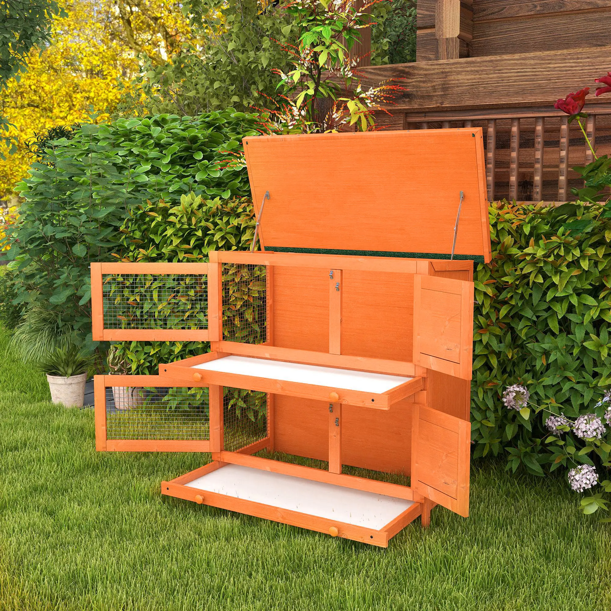 2-Tier Wooden Rabbit Hutch, Small Animal House, Bunny Pet Cage, 2 Rooms, Sliding Tray, Opening Top, Yellow - Image 9
