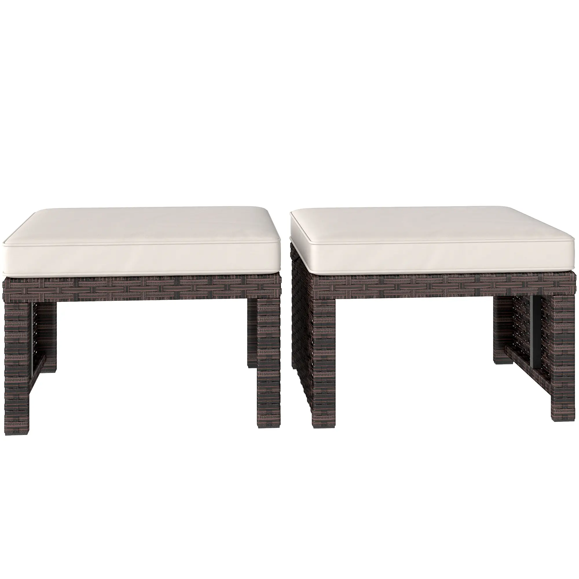 2 Wicker Outdoor Ottomans, Removable Cushions, Rattan Seating, Khaki