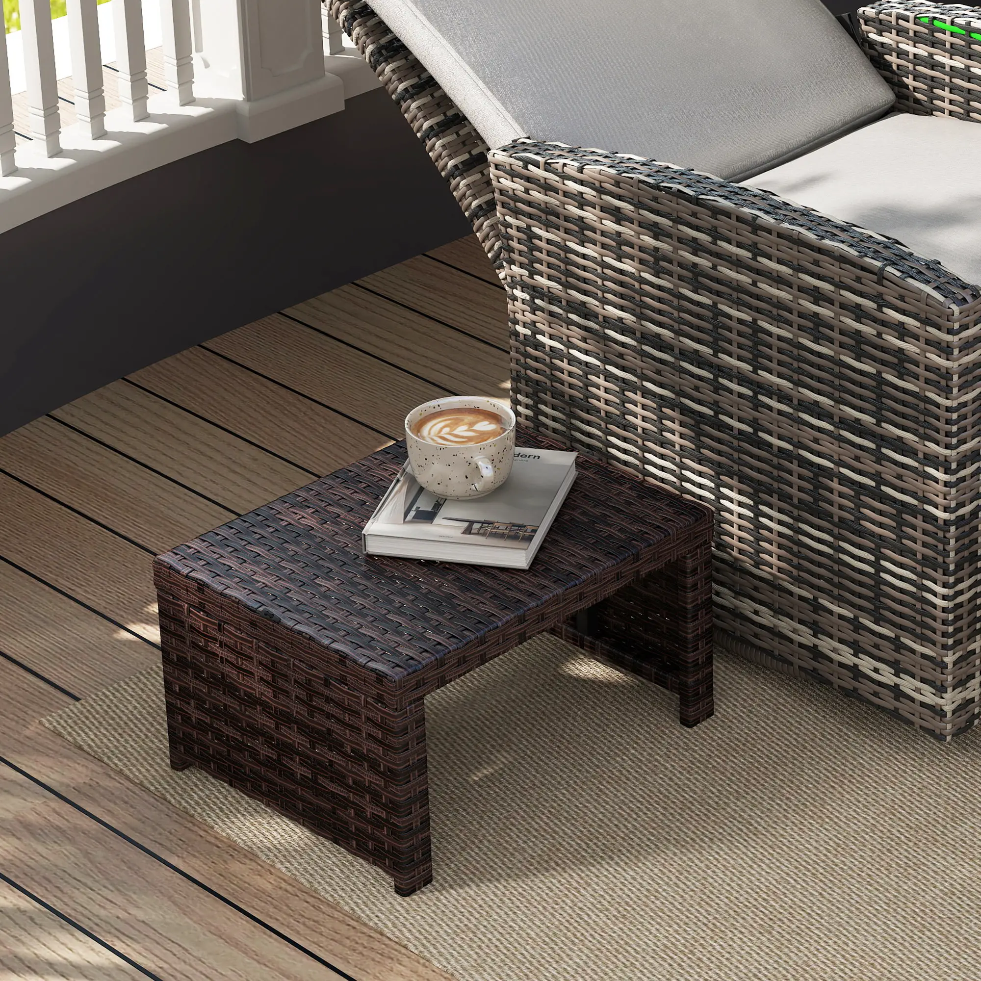 2 Wicker Outdoor Ottomans, Removable Cushions, Rattan Seating, Khaki - Image 10