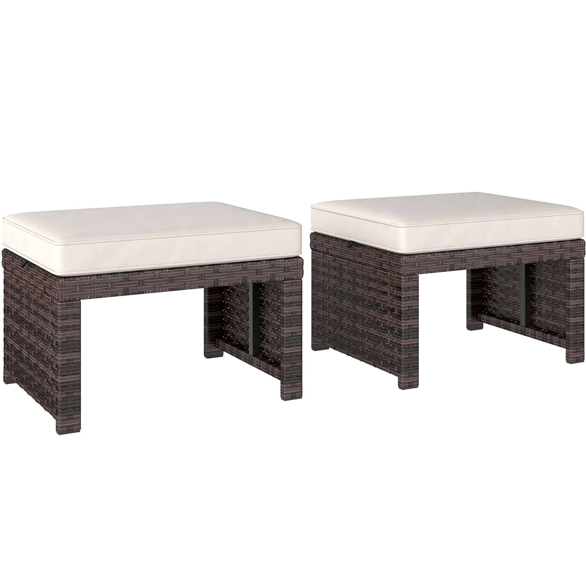 2 Wicker Outdoor Ottomans, Removable Cushions, Rattan Seating, Khaki - Image 11