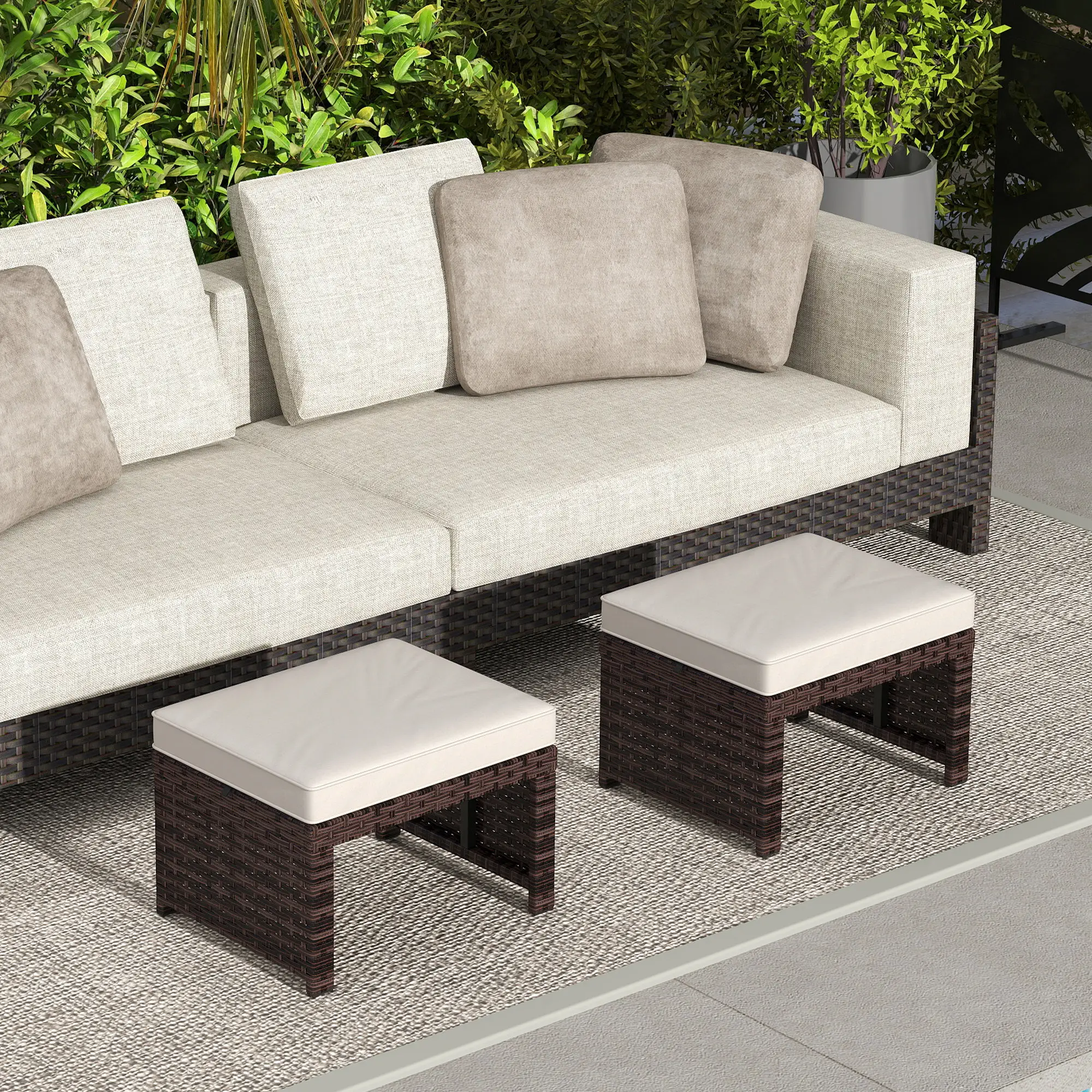 2 Wicker Outdoor Ottomans, Removable Cushions, Rattan Seating, Khaki - Image 2