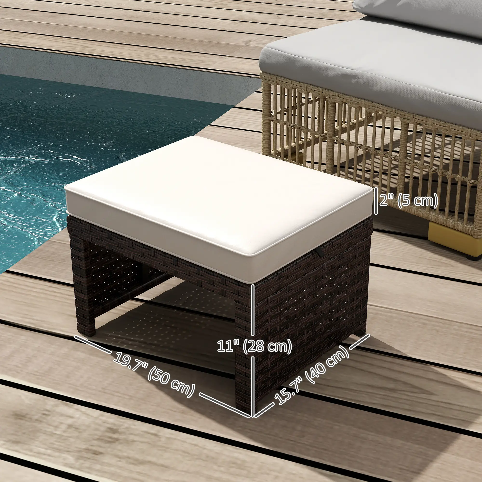 2 Wicker Outdoor Ottomans, Removable Cushions, Rattan Seating, Khaki - Image 3