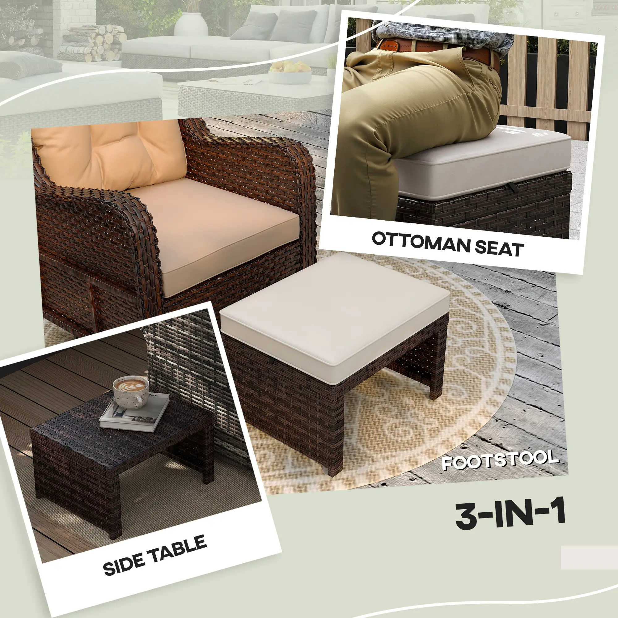 2 Wicker Outdoor Ottomans, Removable Cushions, Rattan Seating, Khaki - Image 4