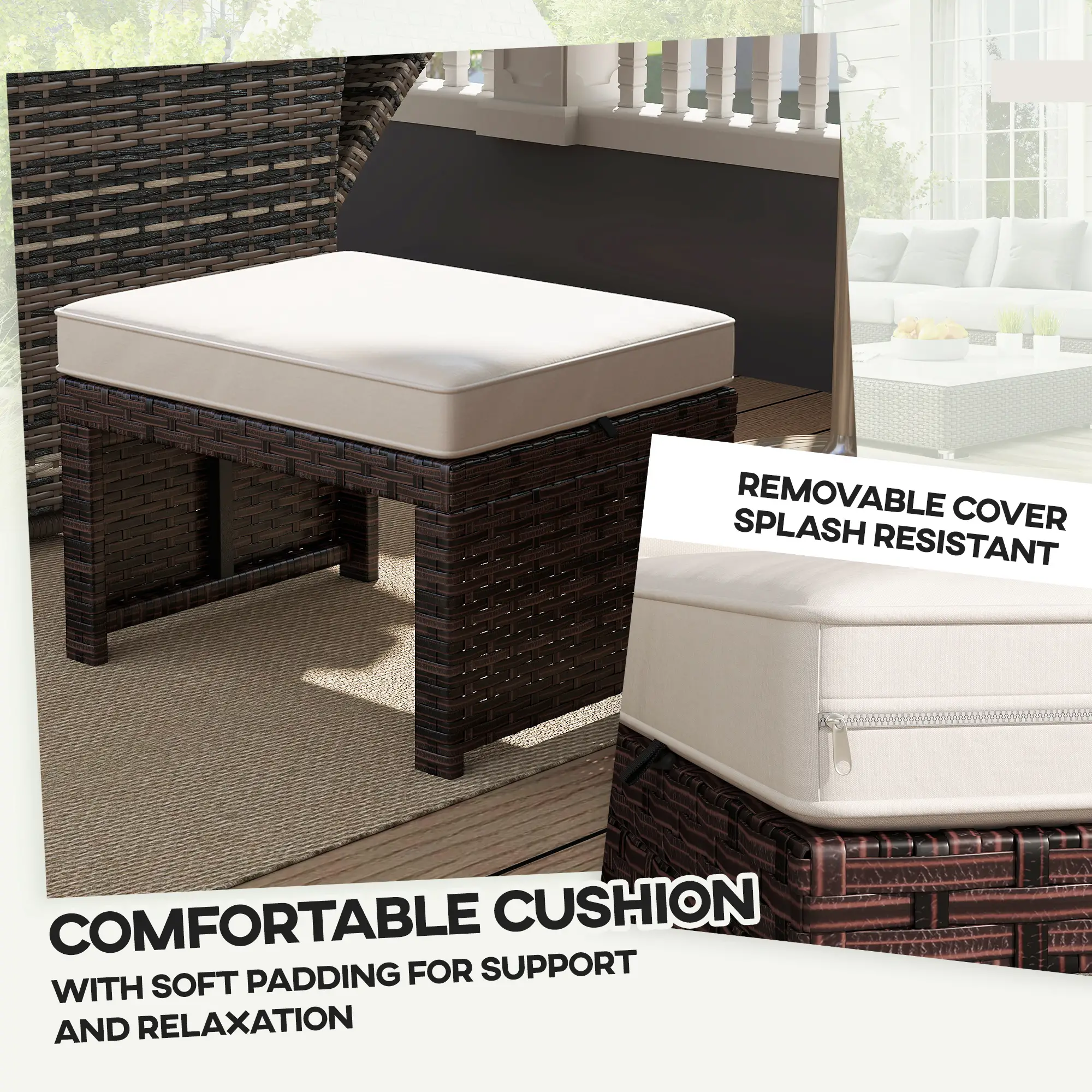 2 Wicker Outdoor Ottomans, Removable Cushions, Rattan Seating, Khaki - Image 6