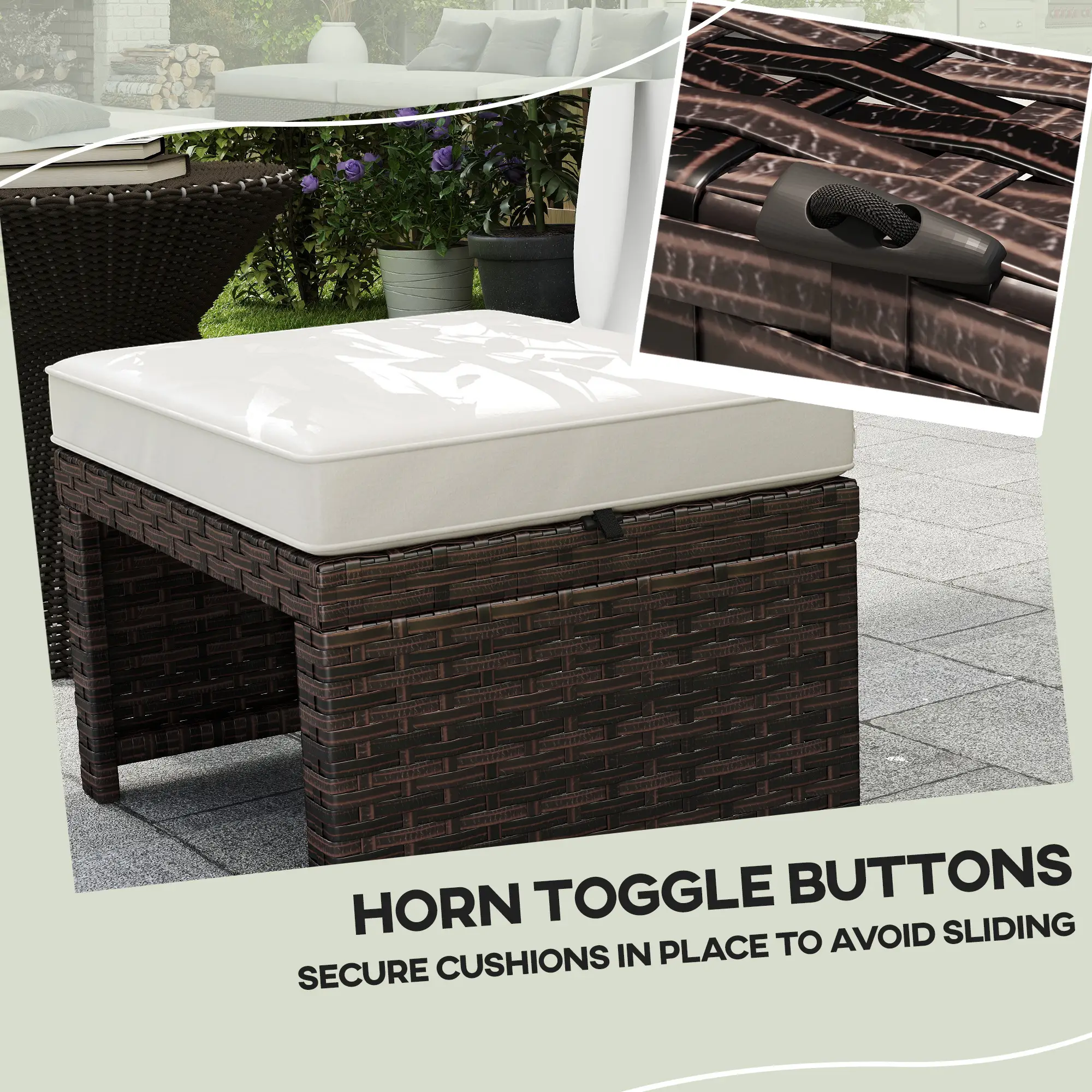 2 Wicker Outdoor Ottomans, Removable Cushions, Rattan Seating, Khaki - Image 7