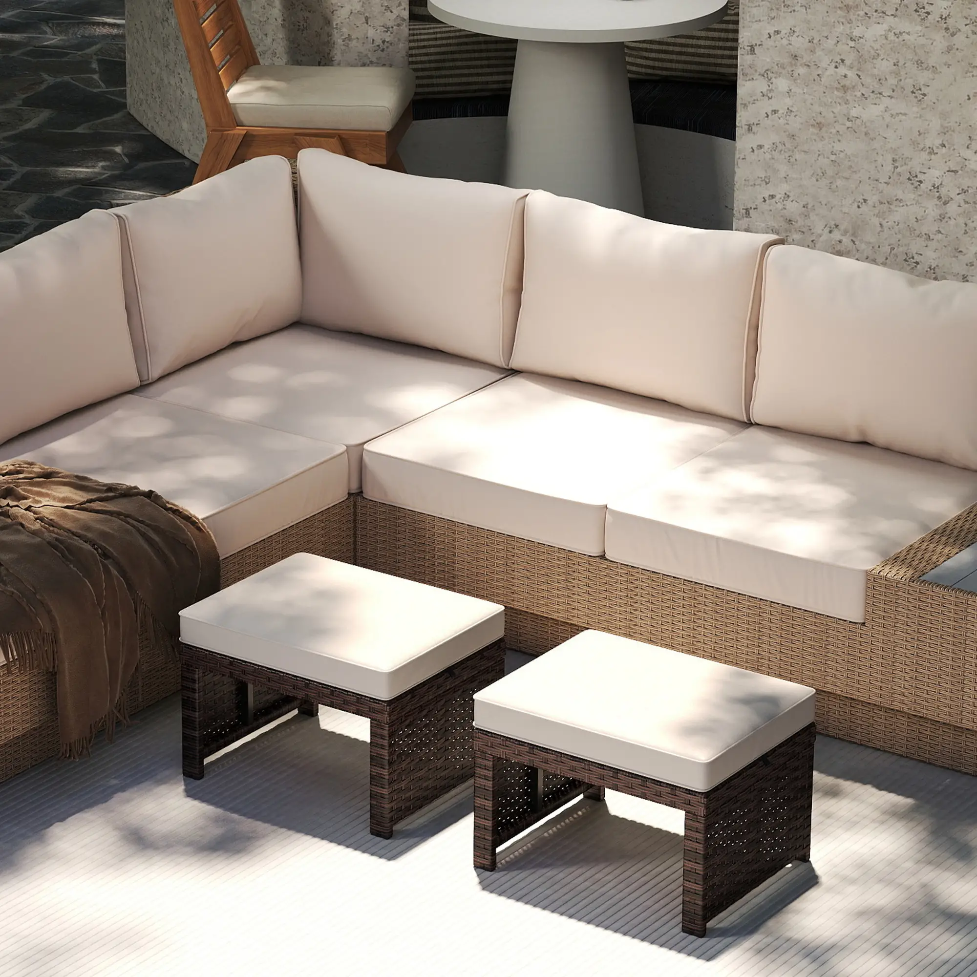 2 Wicker Outdoor Ottomans, Removable Cushions, Rattan Seating, Khaki - Image 8