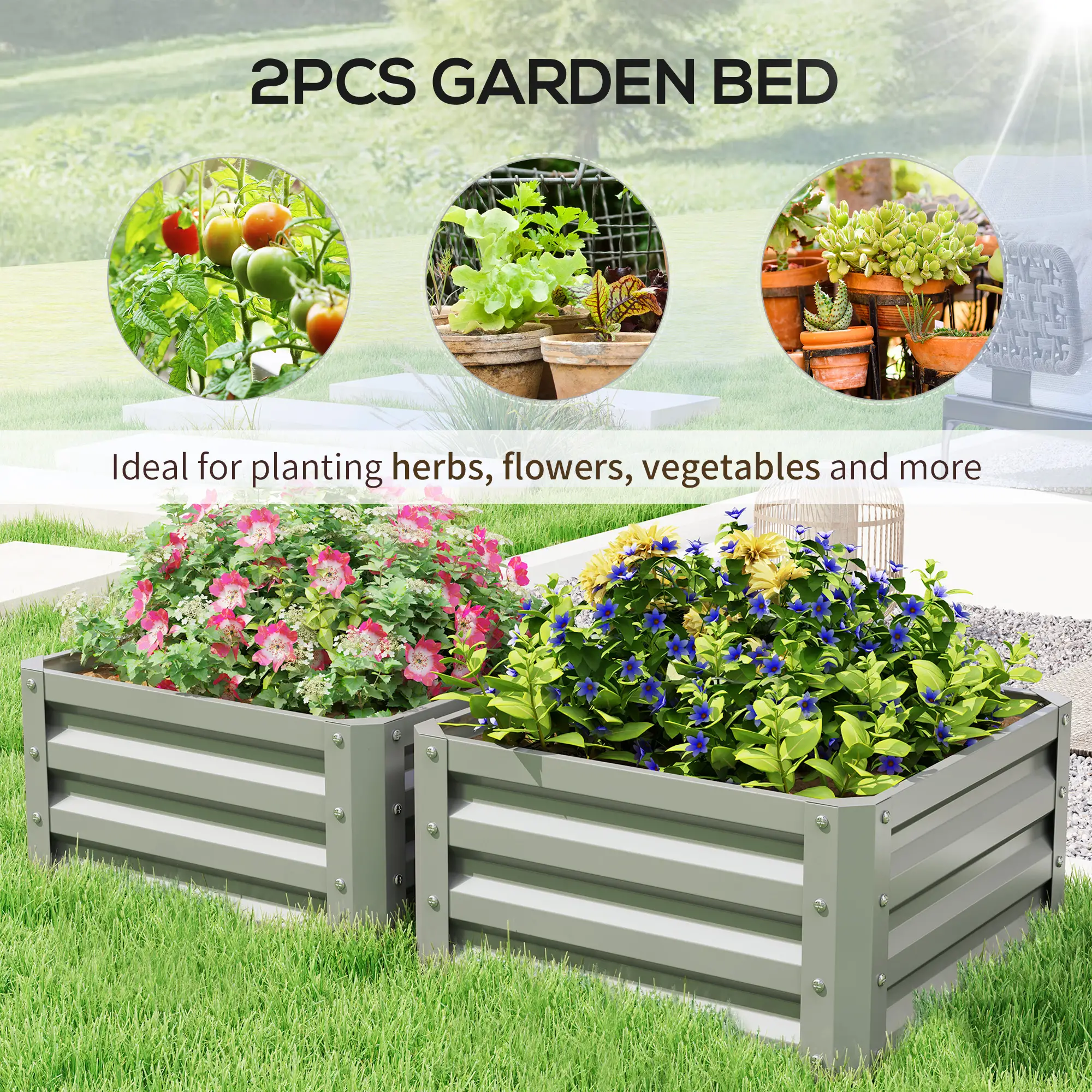 2' x 2' x 1' Raised Garden Bed, Galvanised Steel Frame, Light Grey - Image 4