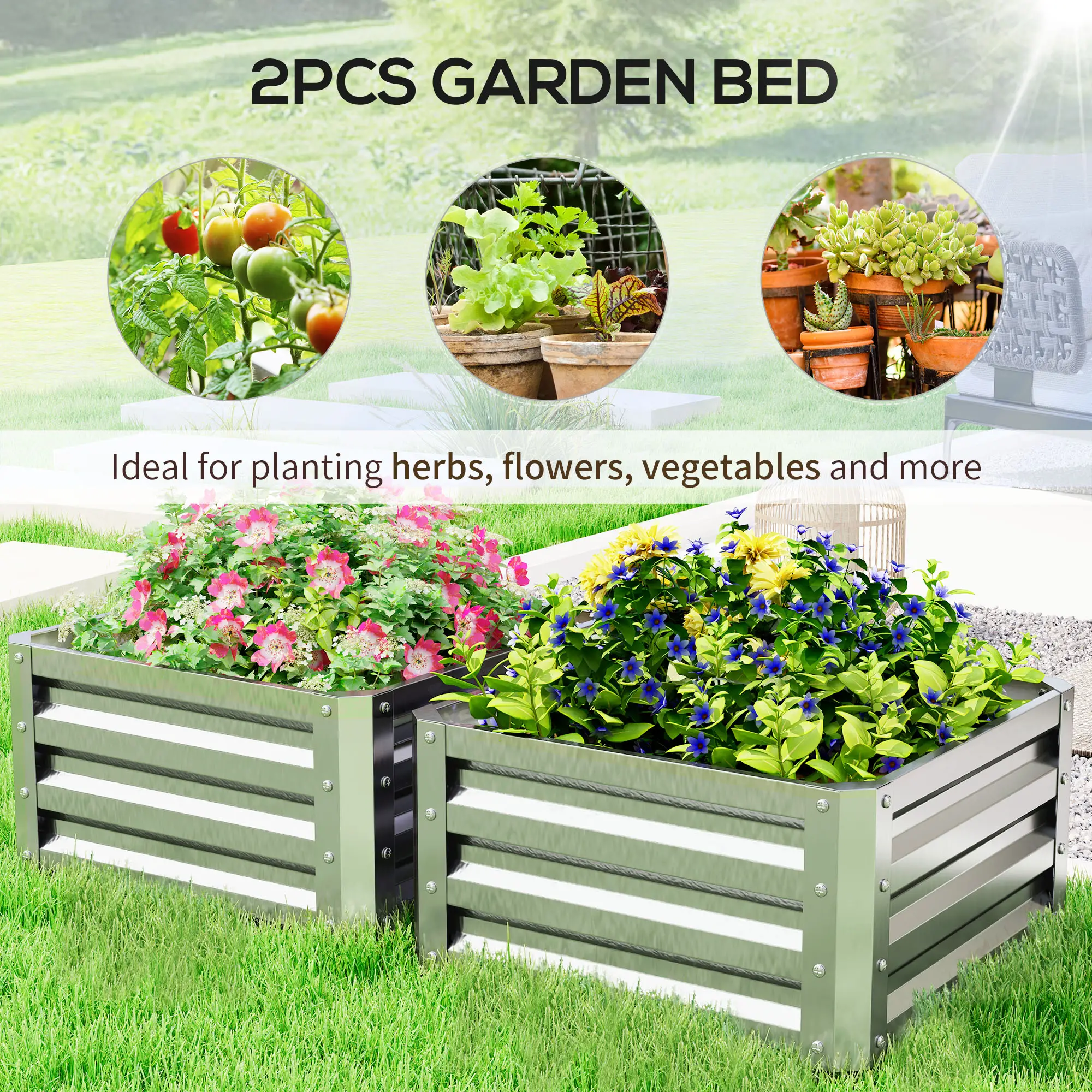 2' x 2' x 1' Raised Garden Bed, Galvanised Steel Frame, Vegetables, Flowers, Herbs, Silver - Image 4