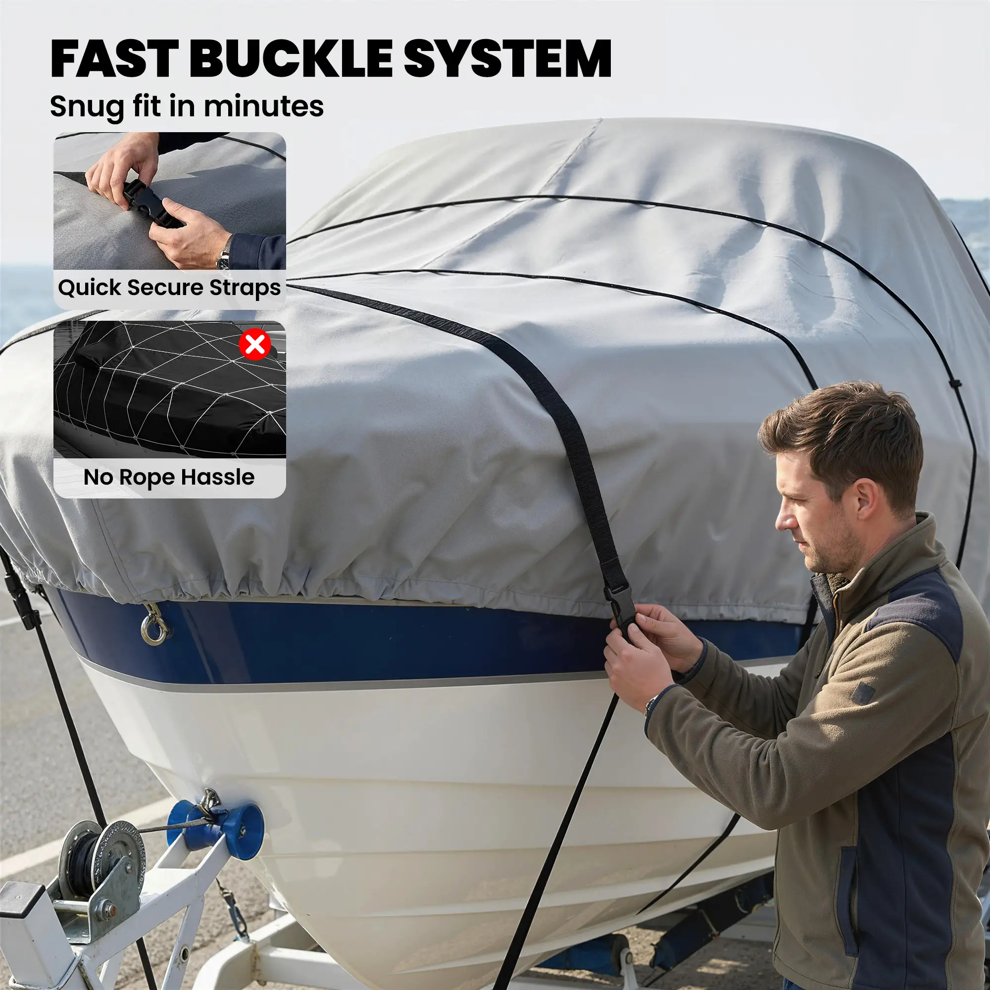 20-21 Ft Trailer Boat Cover, 3000mm Waterproof, Light Grey - Image 6