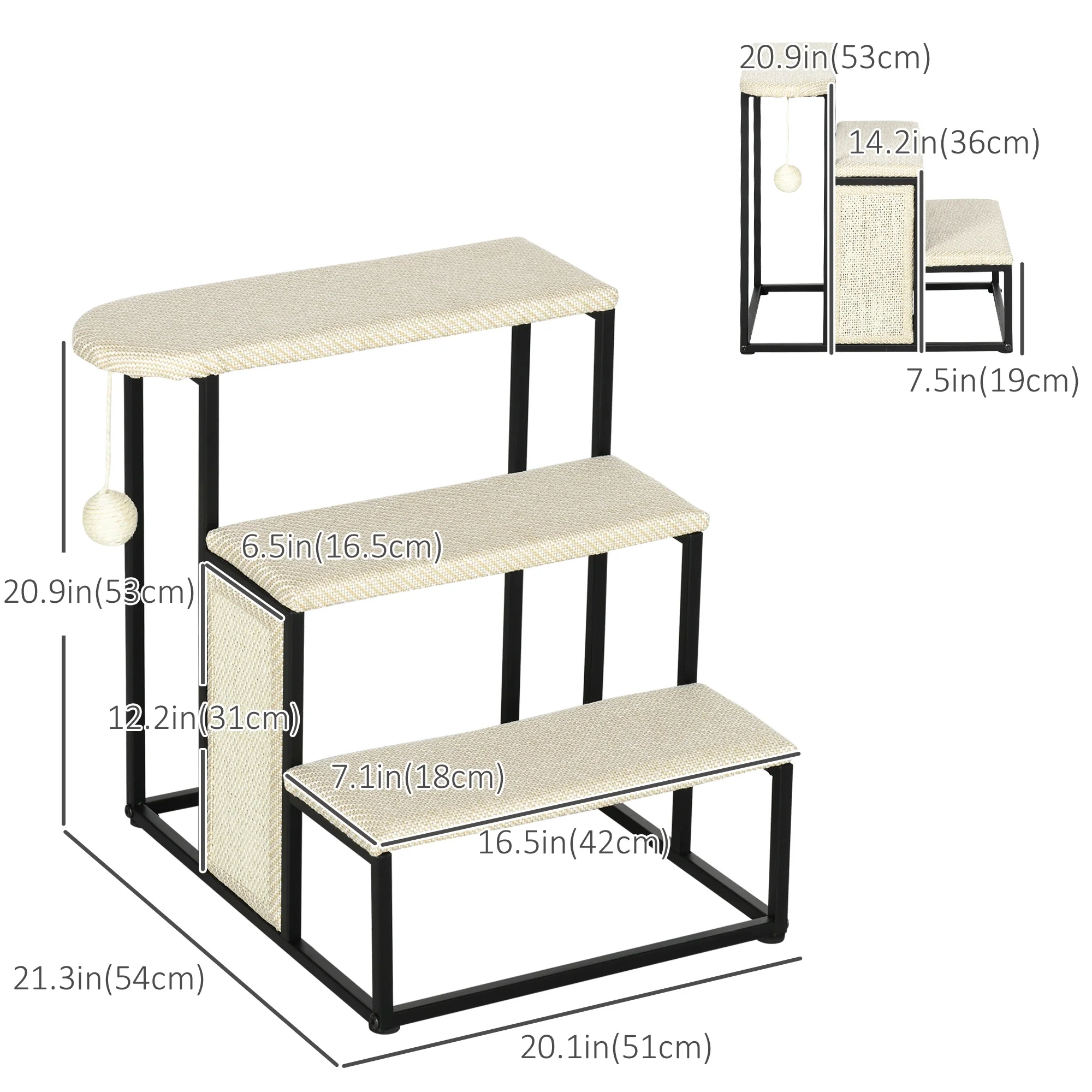 20 3-Step Cat Stairs, Carpeted Ladder Ramp, Scratching Board, Cream White - Image 3