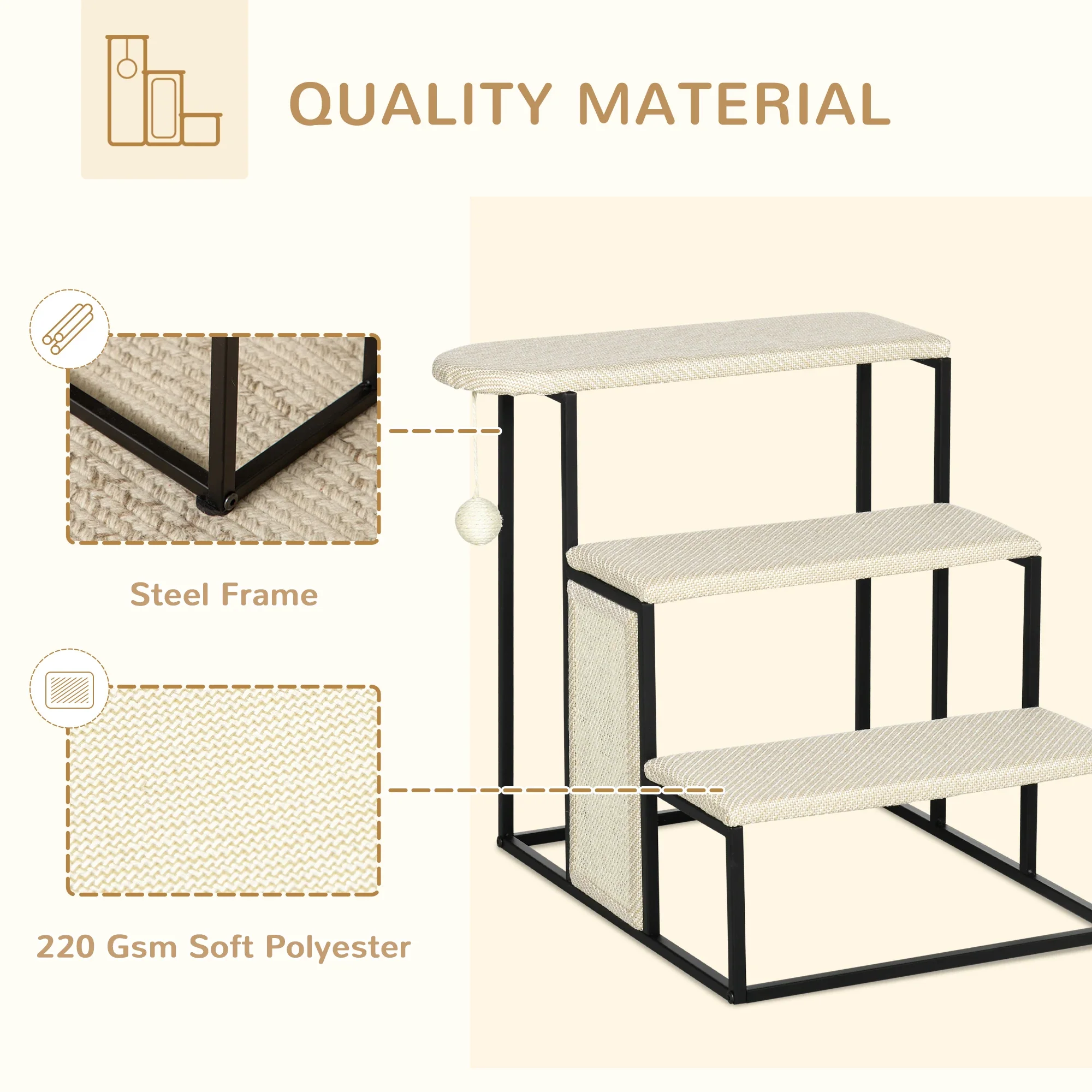 20 3-Step Cat Stairs, Carpeted Ladder Ramp, Scratching Board, Cream White - Image 4