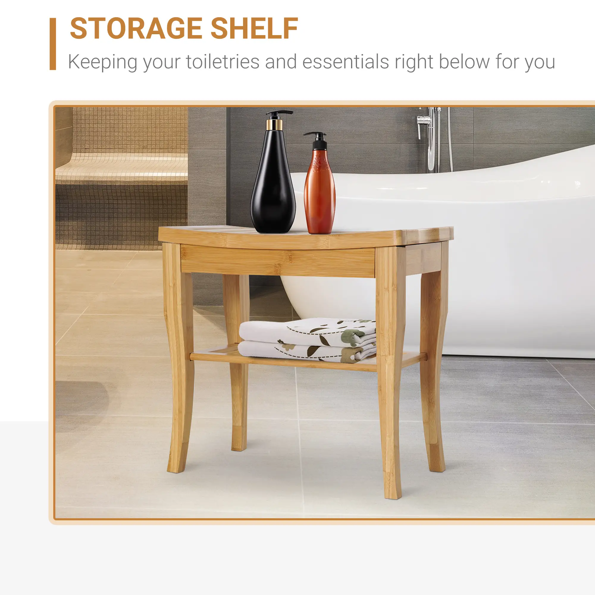 20" Bamboo Shower Bench, Bathroom Stool, Spa Bath Seat - Image 9