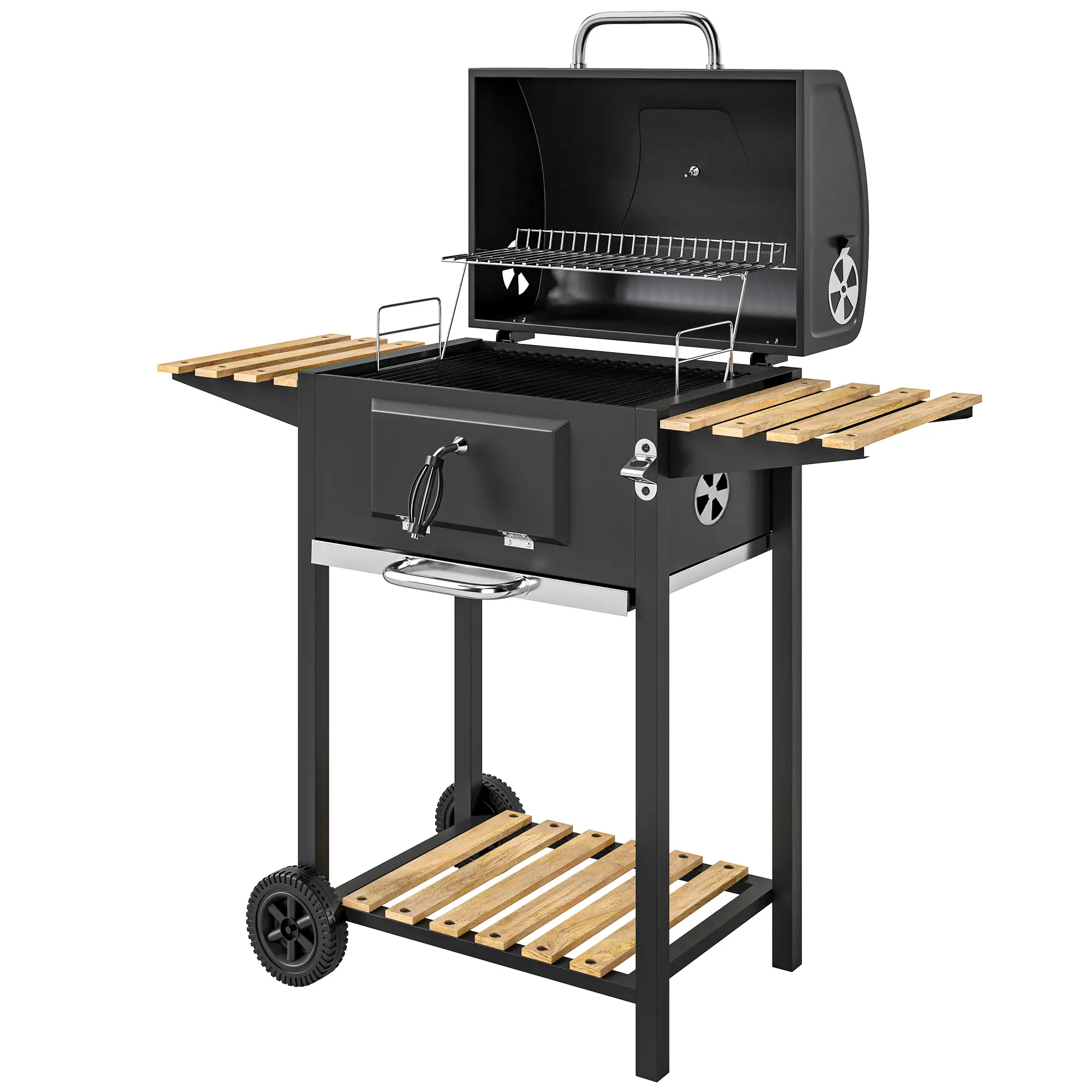 20" Charcoal BBQ Grill On Wheels, Adjustable Pan, Thermometer, Charcoal