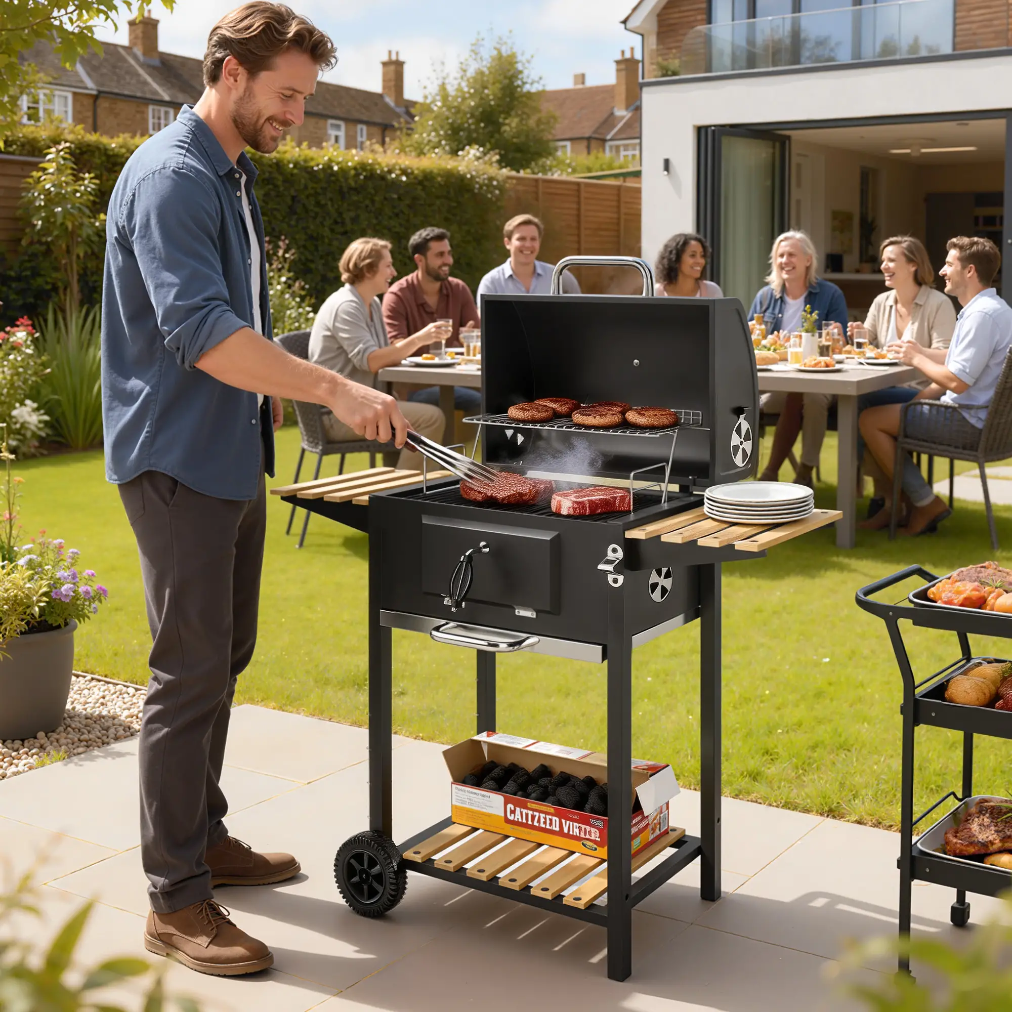 20" Charcoal BBQ Grill On Wheels, Adjustable Pan, Thermometer, Charcoal - Image 2