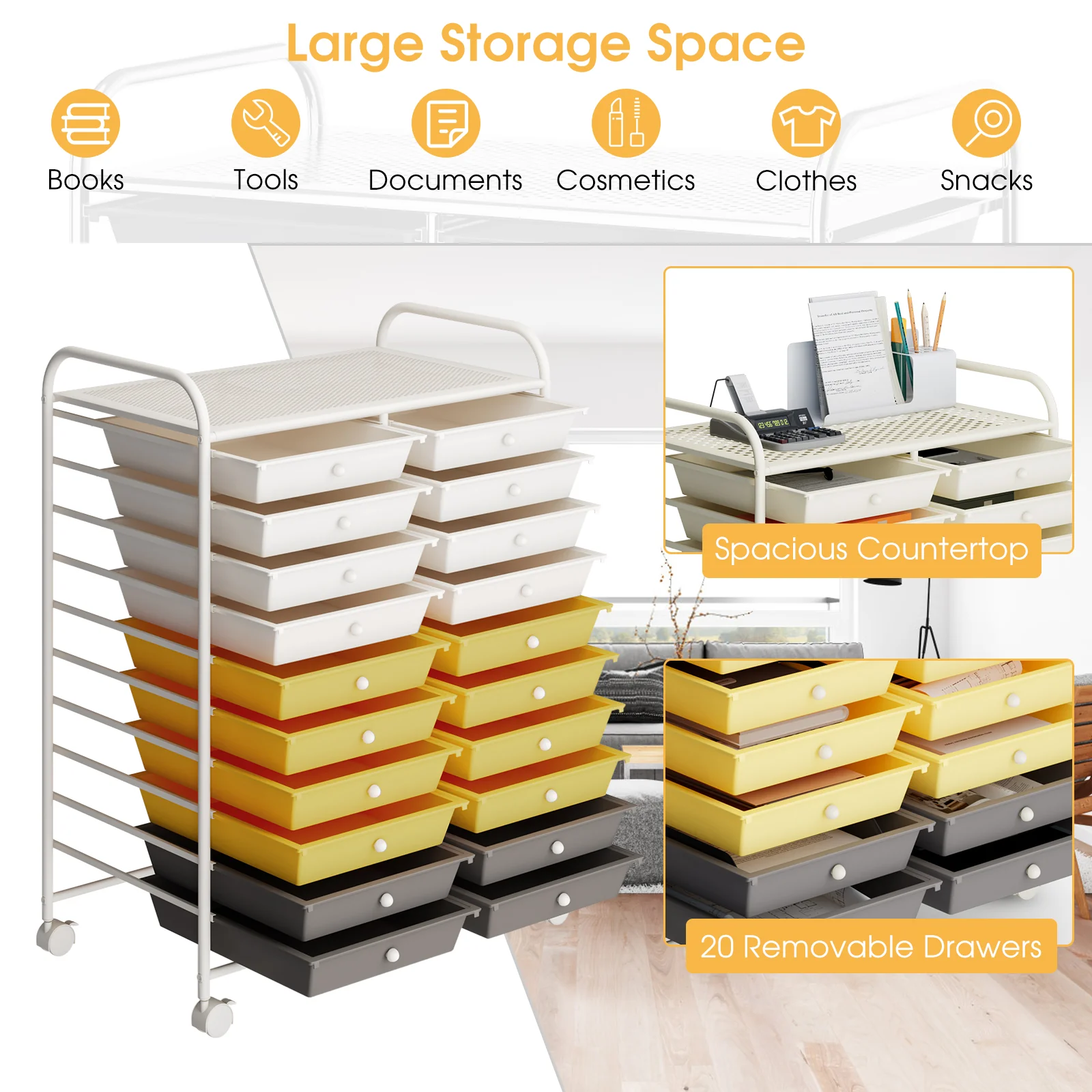 20 Drawers Rolling Cart Studio Organizer, Yellow - Image 10