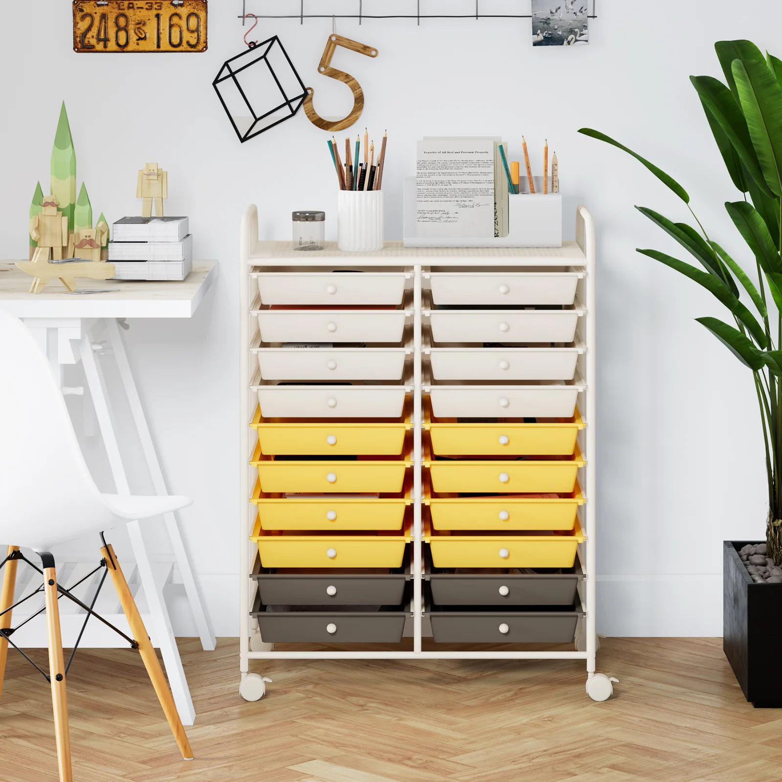 20 Drawers Rolling Cart Studio Organizer, Yellow - Image 2