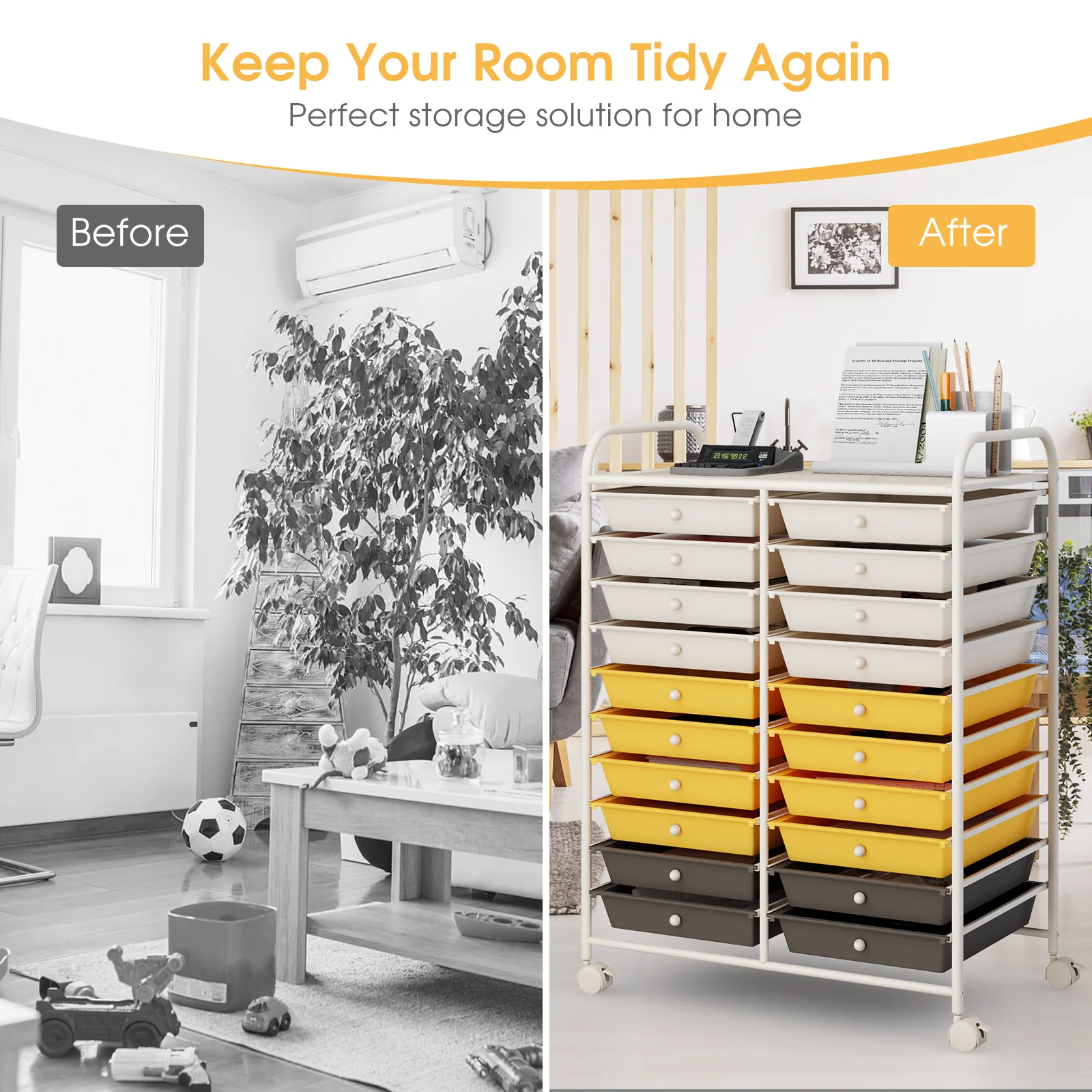 20 Drawers Rolling Cart Studio Organizer, Yellow - Image 3