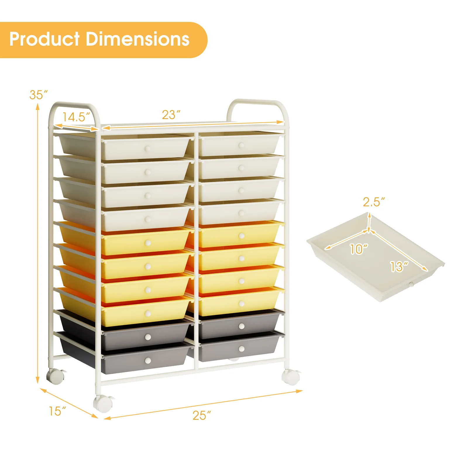 20 Drawers Rolling Cart Studio Organizer, Yellow - Image 6