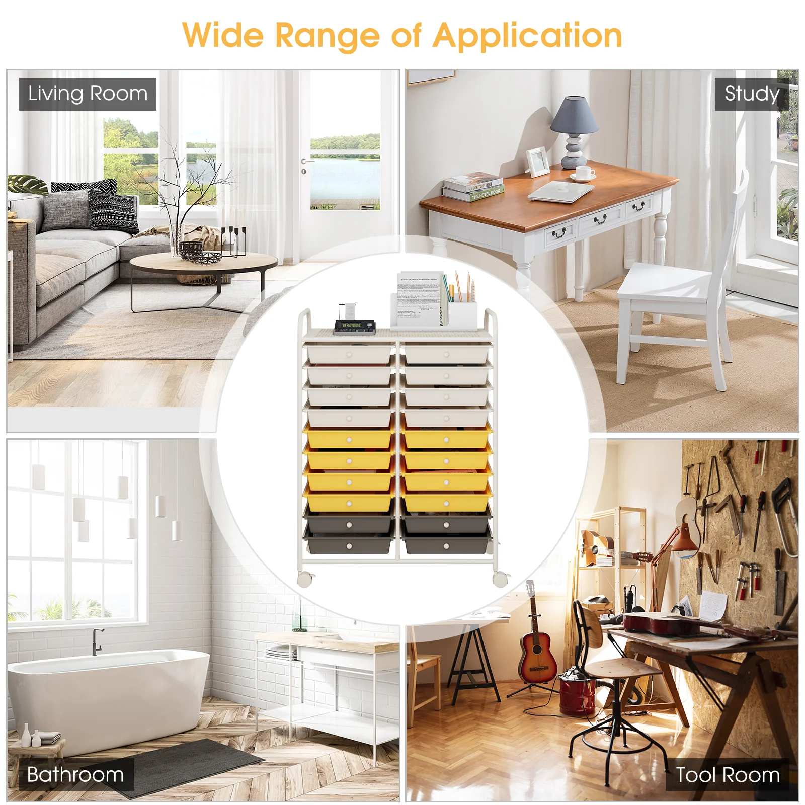 20 Drawers Rolling Cart Studio Organizer, Yellow - Image 7
