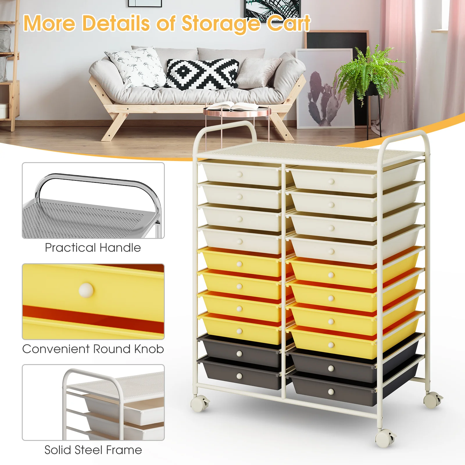 20 Drawers Rolling Cart Studio Organizer, Yellow - Image 8