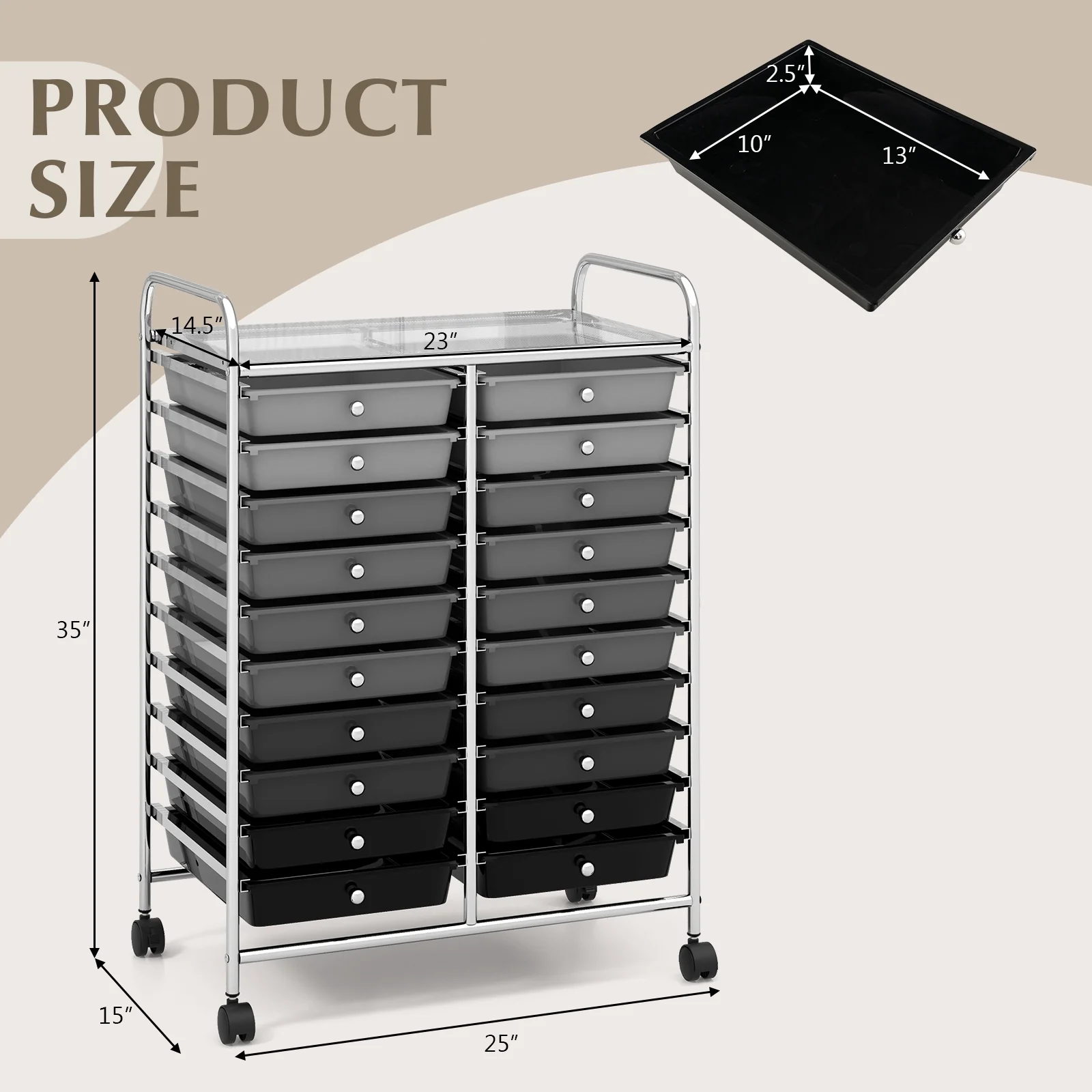 20 Drawers Rolling Storage Cart, Gray, Black - Image 6