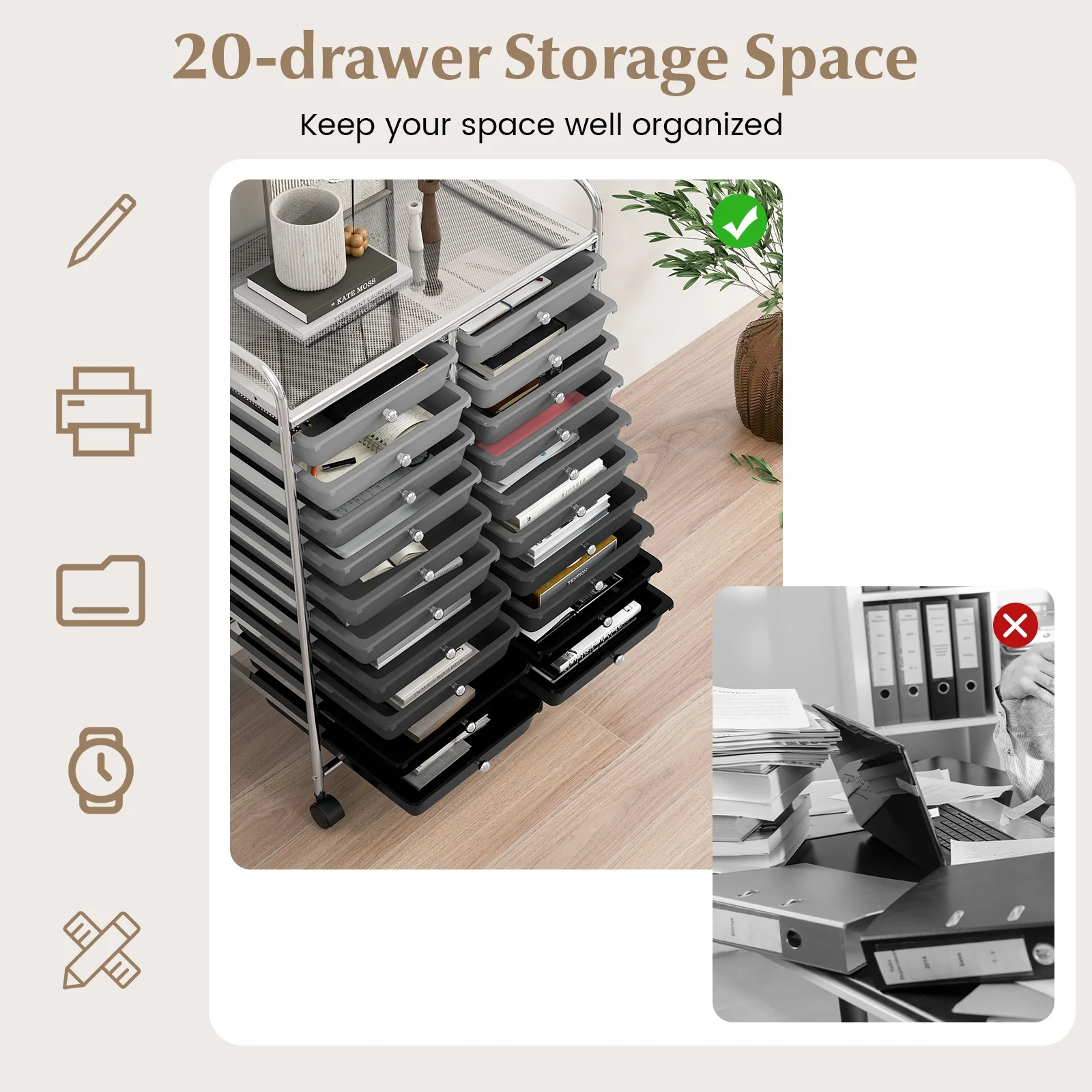 20 Drawers Rolling Storage Cart, Gray, Black - Image 7