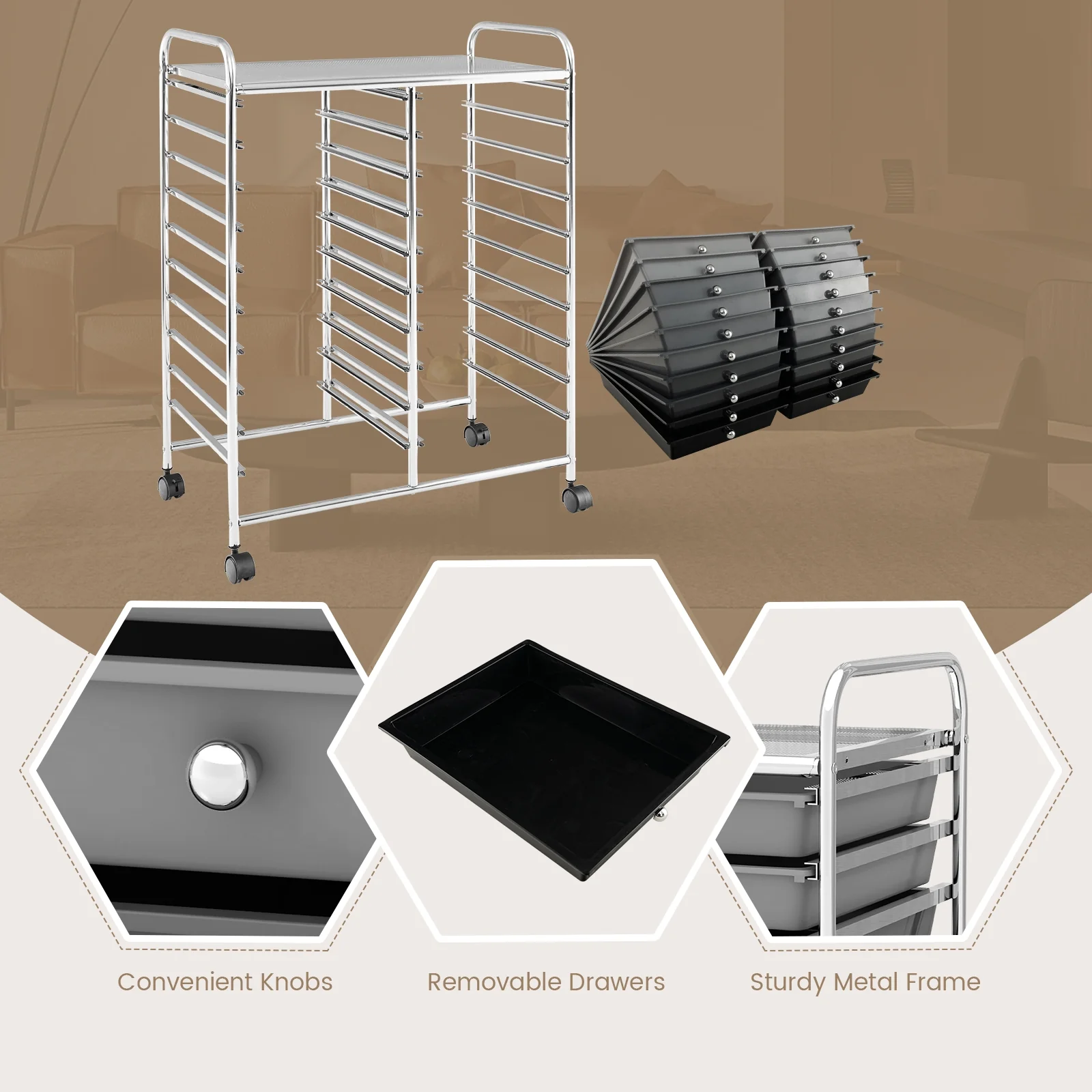 20 Drawers Rolling Storage Cart, Gray, Black - Image 9